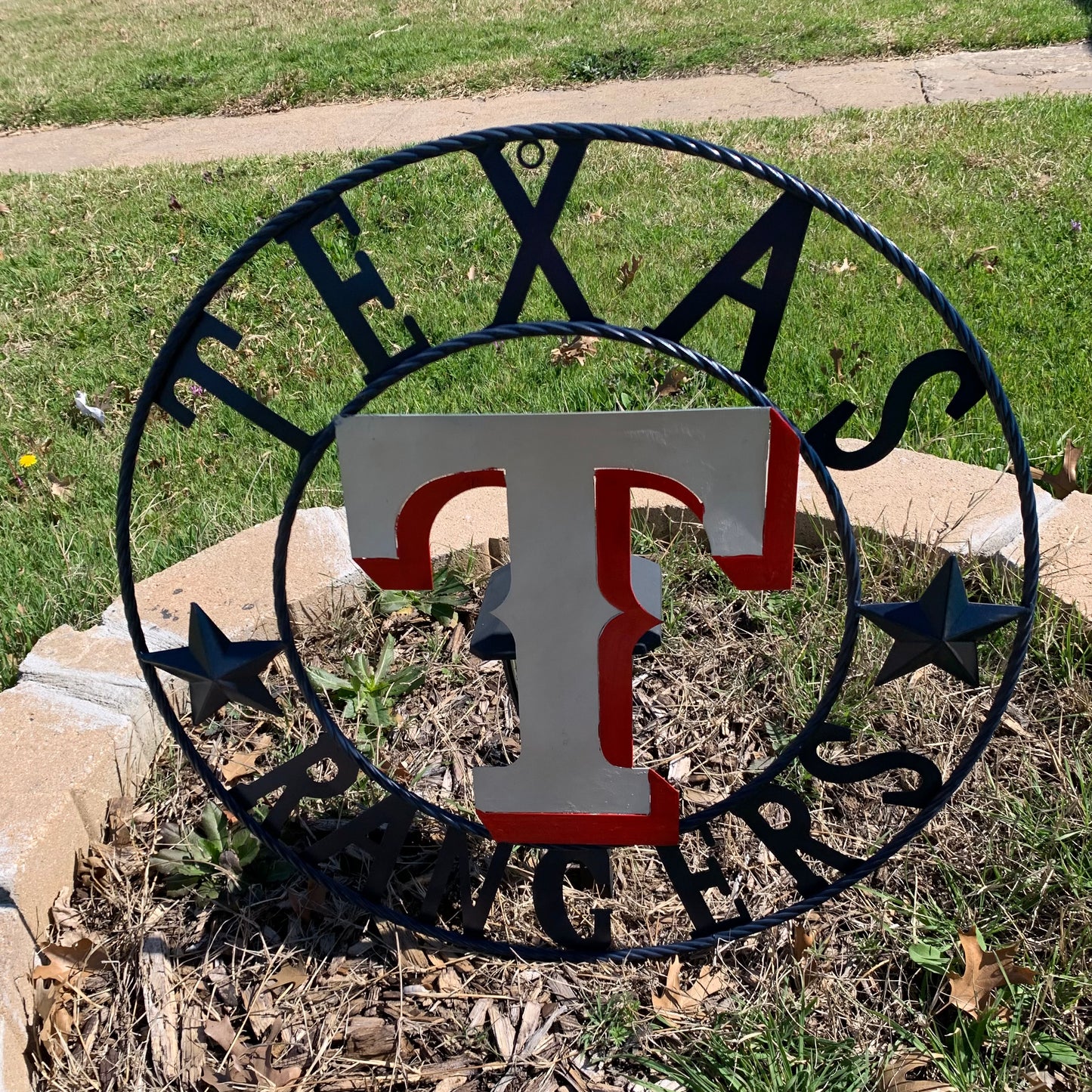 12", 18", 24", 32" TEXAS RANGERS BARN CUSTOM METAL VINTAGE CRAFT SIGN TEAM  WHITE & RED & NAVY BLUE RING & STAR HANDMADE