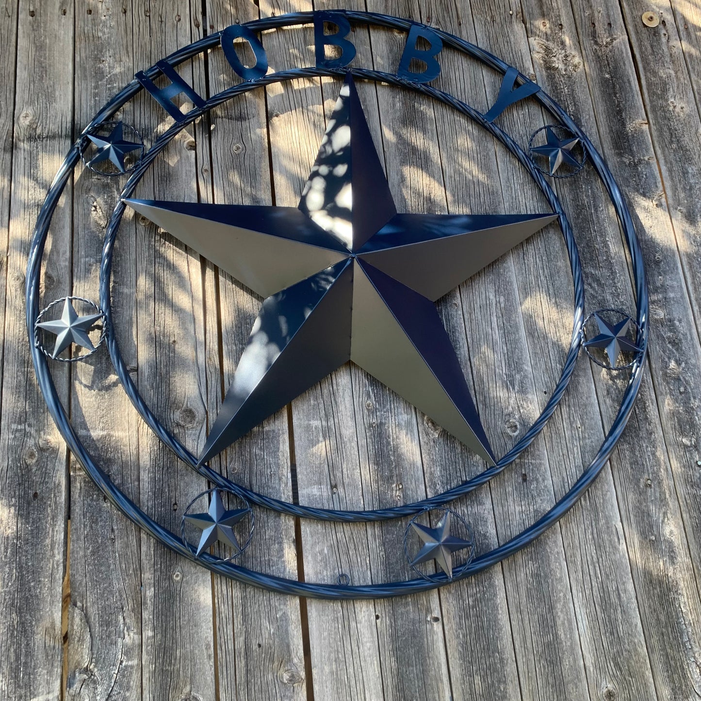HOBBY STYLE CUSTOM NAME STAR BARN METAL STAR 3d TWISTED ROPE RING WESTERN HOME DECOR RUSTIC NAVY BLUE HANDMADE 24",32",36",50"