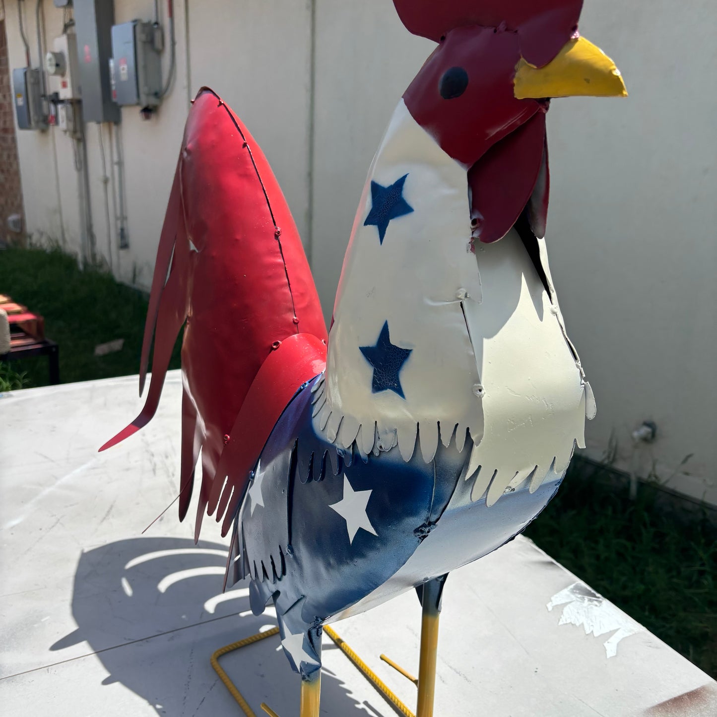 USA FLAG ROOSTER AMERICAN RED WHITE BLUE PATRIOTIC GARDEN METAL SCULPTURE WESTERN HOME DECOR ORNAMENT HANDMADE #34-003