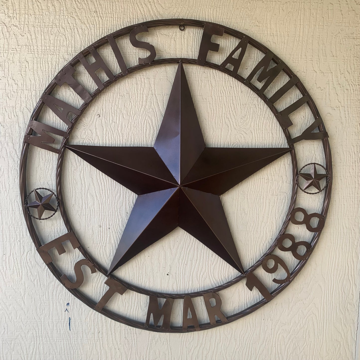 MATHIS STYLE CUSTOM NAME STAR BARN STAR 3d METAL LONESTAR TWISTED ROPE RING WESTERN HOME DECOR RUSTIC BRONZE COPPER HANDMADE 24",32",36",50"