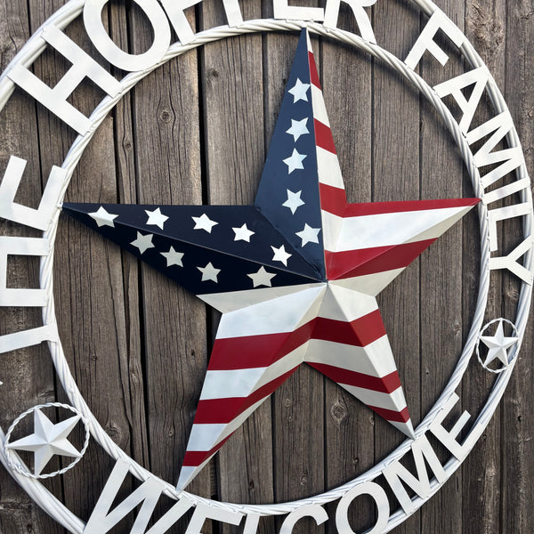 HOPPER STYLE YOUR CUSTOM NAME STAR METAL BARN 3d RED WHITE BLUE USA FLAG WITH WHITE TWIST ROPE RING WESTERN HOME DECOR HANDMADE, 24",36",40"