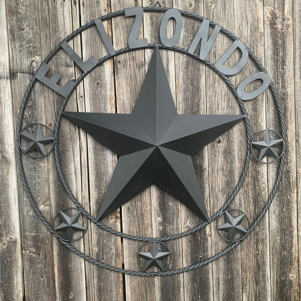 ELIZONDO STYLE CUSTOM NAME STAR BARN METAL STAR 3d TWISTED ROPE RING WESTERN HOME DECOR RUSTIC BLACK HANDMADE 24",32",36",50"