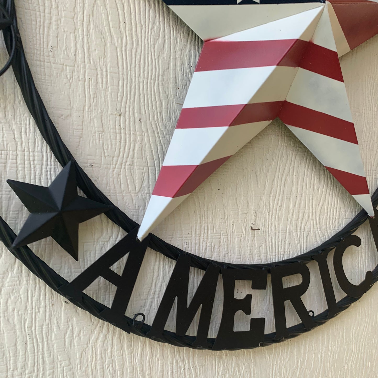 GOD BLESS AMERICA USA FLAG 3d STAR METAL BARN STAR BLACK TWISTED ROPE RING WALL ART WESTERN HOME DECOR RED WHITE & BLUE HANDMADE NEW #EH10490