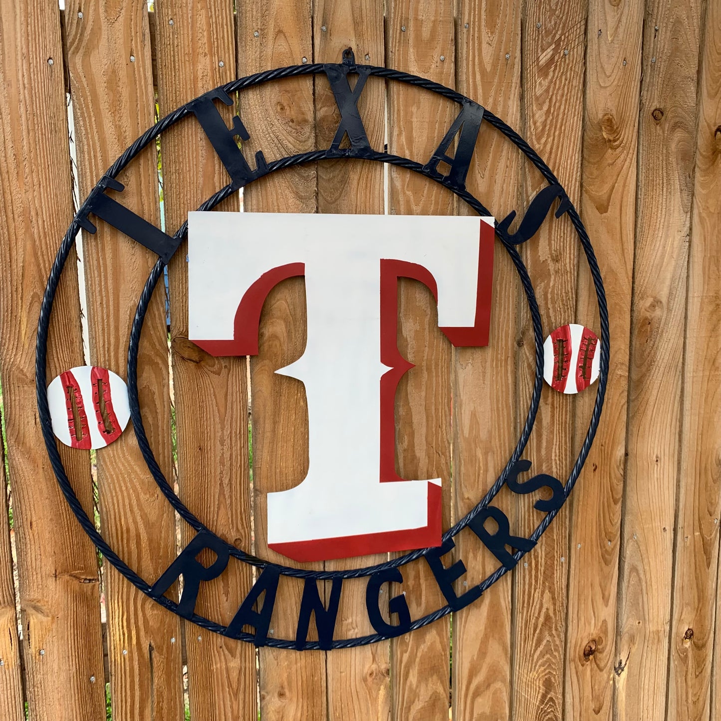 TEXAS RANGERS CUSTOM METAL VINTAGE CRAFT TEAM SIGN WHITE & RED & NAVY BLUE RING HANDMADE