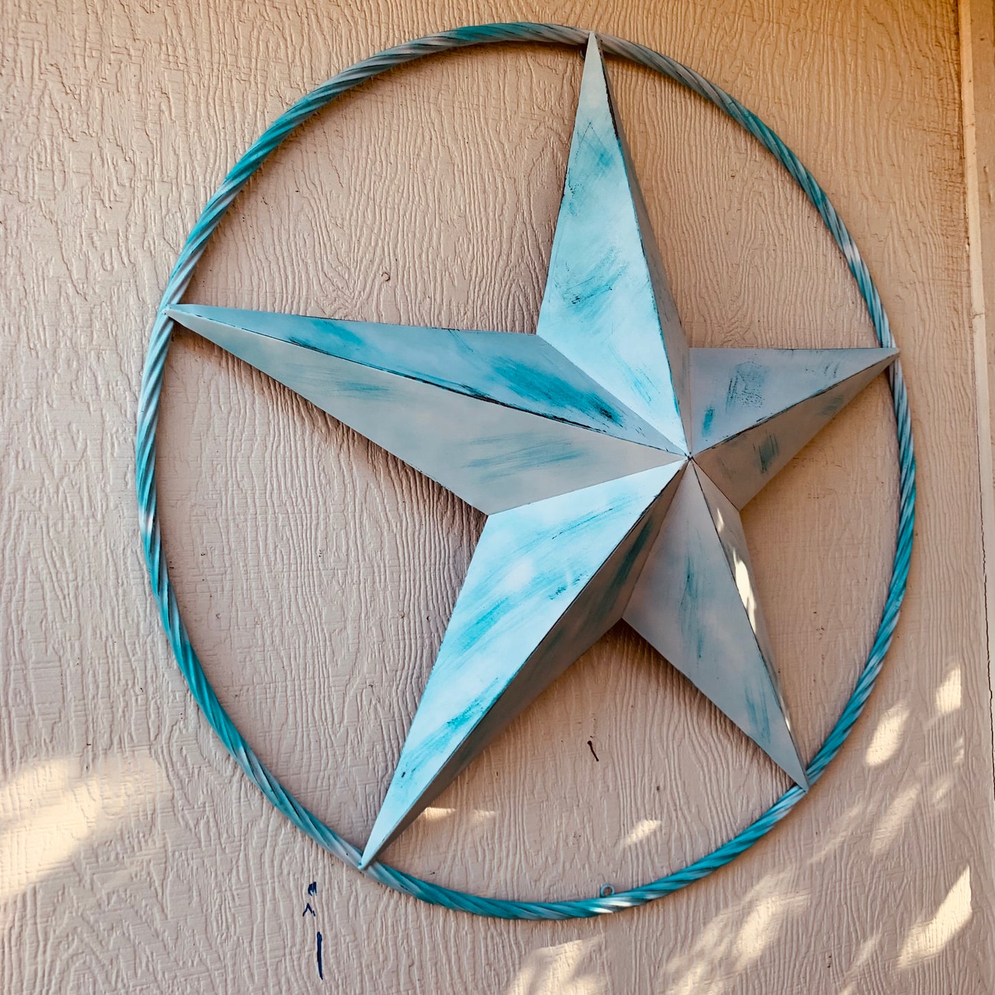 #EH11219 TURQUOISE WHITE DISTRESSED STAR TWO TONE TEXTURE BARN STAR METAL LONESTAR TWISTED ROPE RING WESTERN HOME DECOR HANDMADE NEW