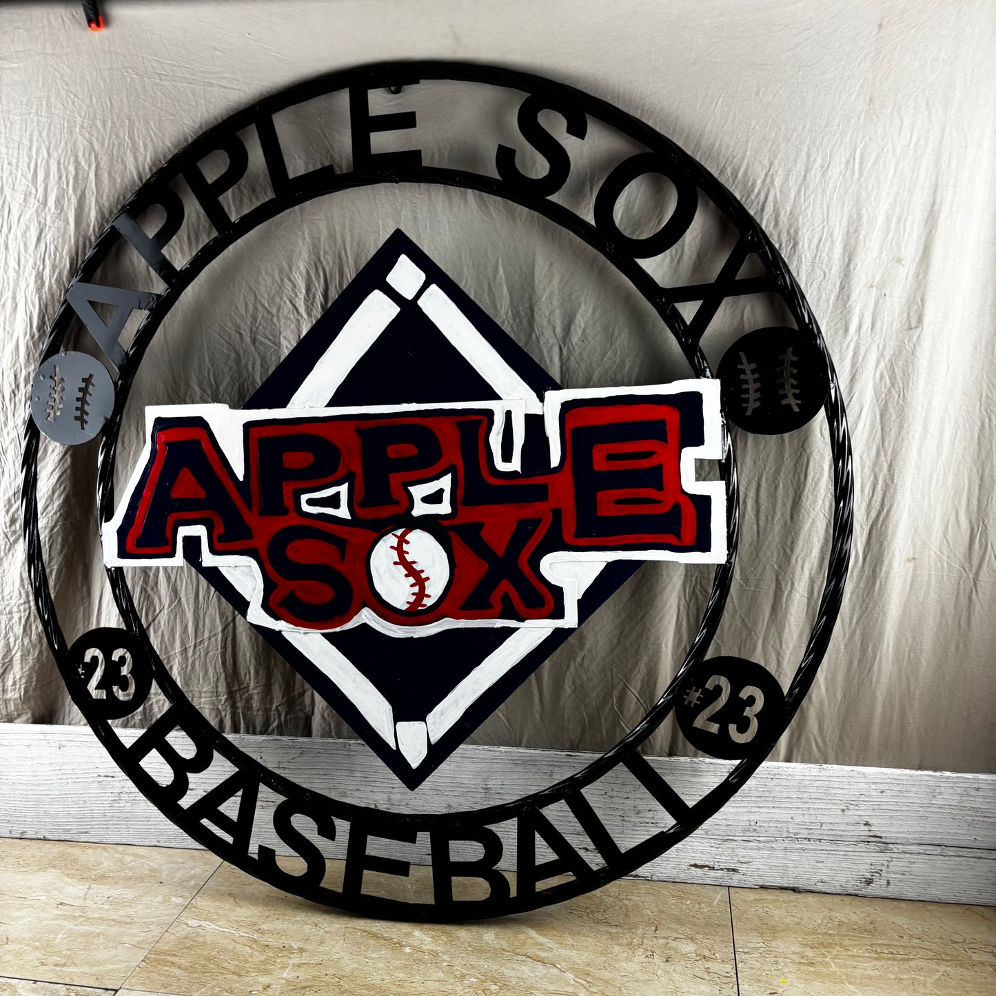 APPLE SOX BASEBALL CUSTOM METAL VINTAGE CRAFT SIGN TEAM NAVY BLUE WHITE RED HANDMADE