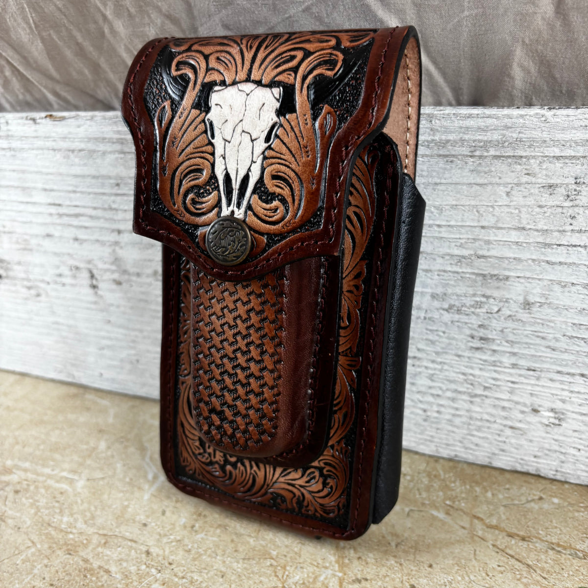 LONGHORN LEATHER HOLSTER 7" PHONE POUCH WITH KNIFE HOLDER FRONT EXTRA LARGE  BELT LOOP CELL PHONE CASE UNIVERSAL OVERSIZE MEXICO MADE #EH13806