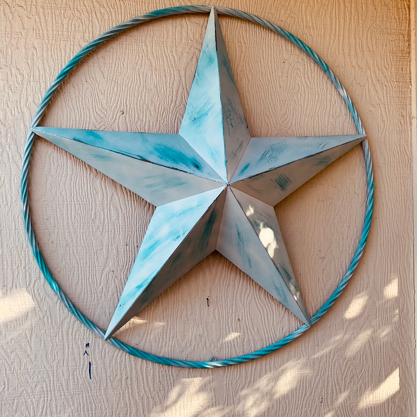#EH11219 TURQUOISE WHITE DISTRESSED STAR TWO TONE TEXTURE BARN STAR METAL LONESTAR TWISTED ROPE RING WESTERN HOME DECOR HANDMADE NEW