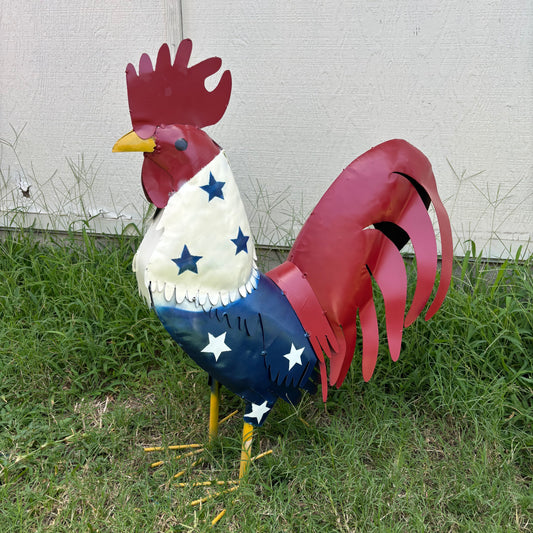 USA FLAG ROOSTER AMERICAN RED WHITE BLUE PATRIOTIC GARDEN METAL SCULPTURE WESTERN HOME DECOR ORNAMENT HANDMADE #34-003