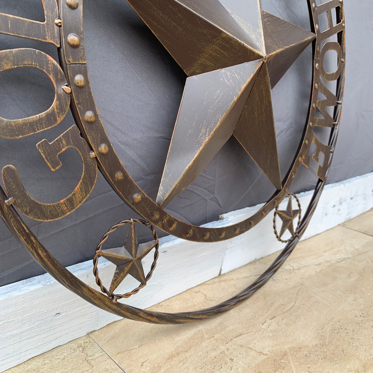 24" GOD BLESS OUR HOME BEADED STAR COLIBROX METAL TWISTED ROPE RING LONE STAR WALL ART WESTERN HOME DECOR RUSTIC DARK BRONZE COPPER HANDMADE NEW