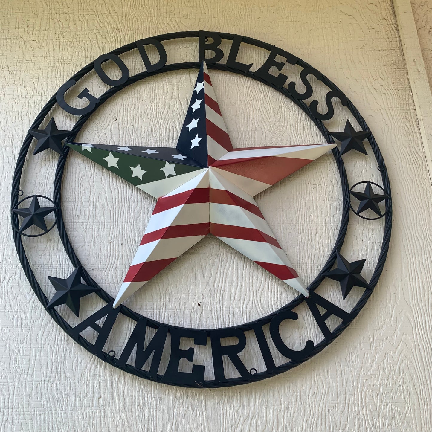 GOD BLESS AMERICA USA FLAG 3d STAR METAL BARN STAR BLACK TWISTED ROPE RING WALL ART WESTERN HOME DECOR RED WHITE & BLUE HANDMADE NEW #EH10490