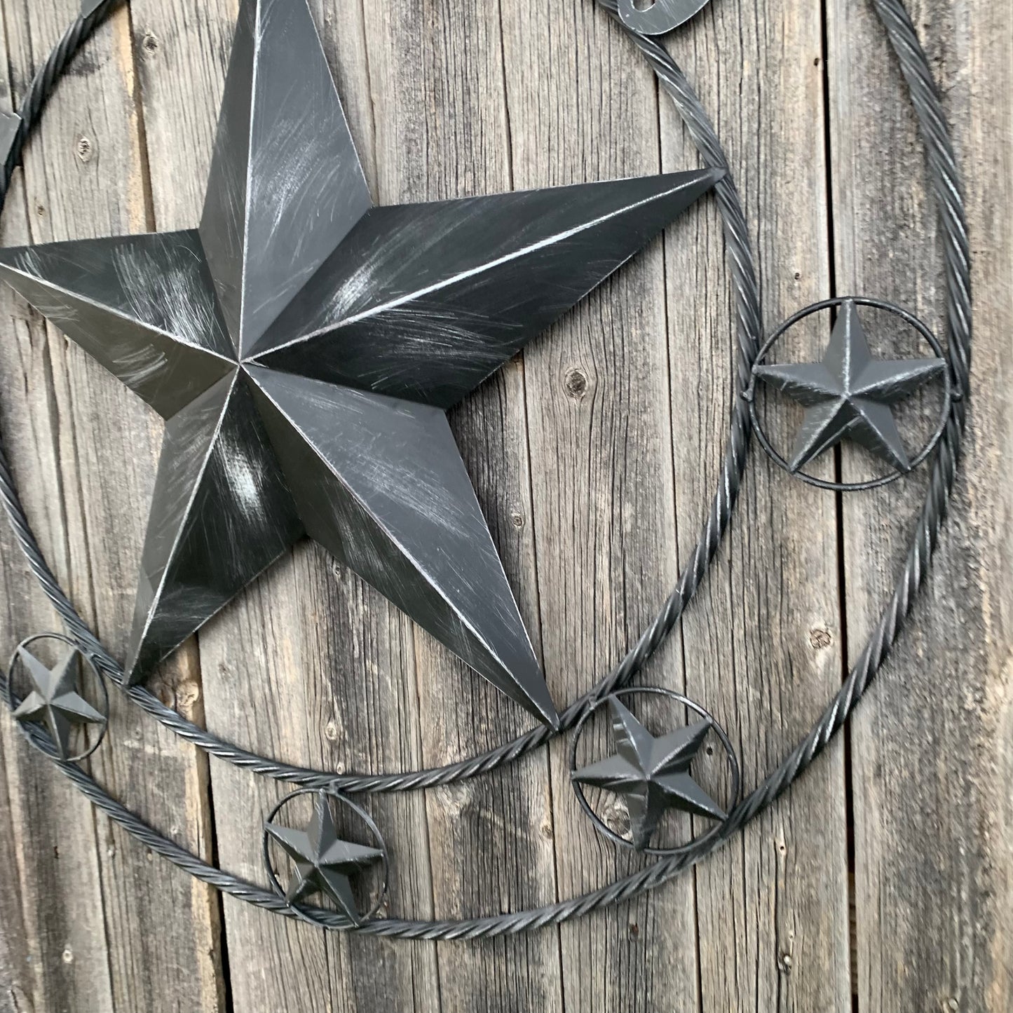 TEXAS BLACK DISTRESSED STAR TWO TONE TEXTURE BARN STAR METAL LONESTAR TWISTED ROPE RING WESTERN HOME DECOR HANDMADE NEW