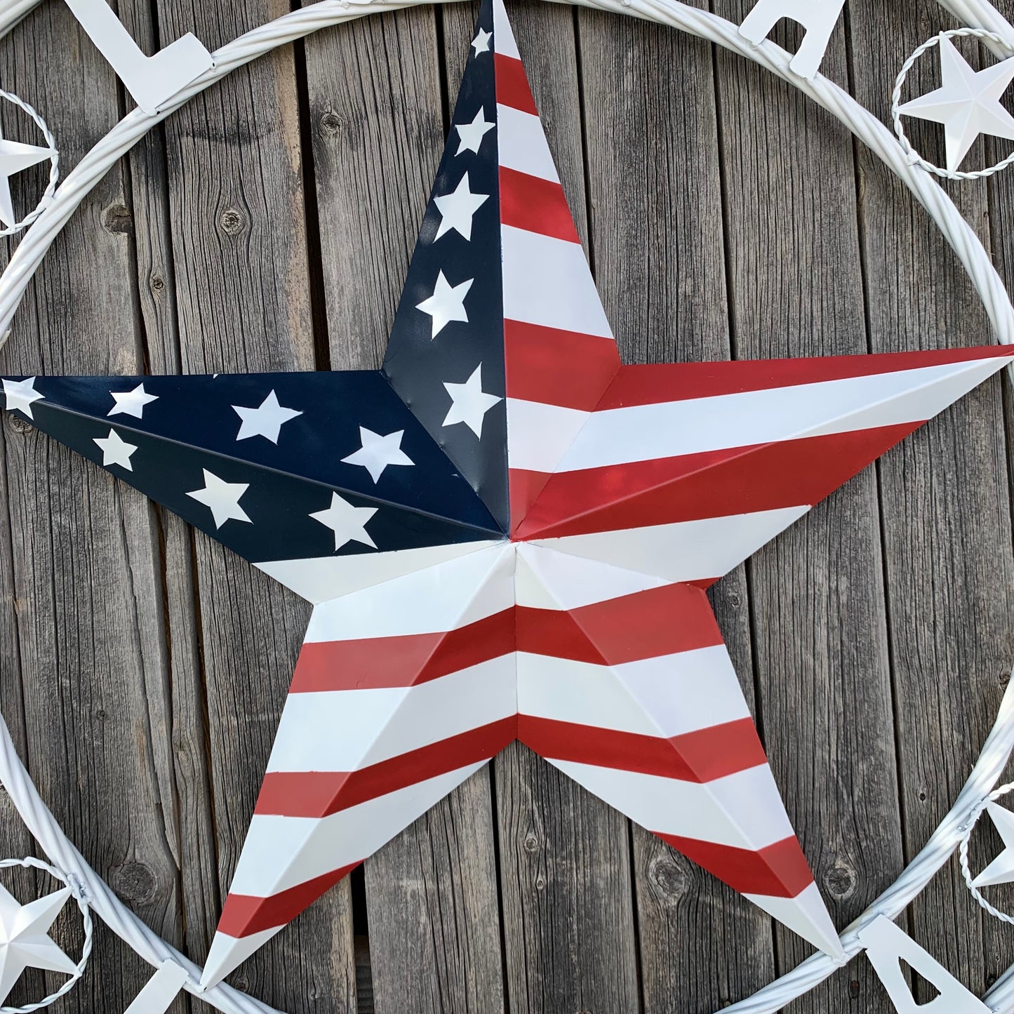 LUNA STYLE CUSTOM NAME BARN STAR METAL STAR 3d TWISTED ROPE RING WESTERN HOME DECOR USA FLAG STAR RED WHOTE & BLUE WITH WHITE RING HANDMADE 24",32",36",50"