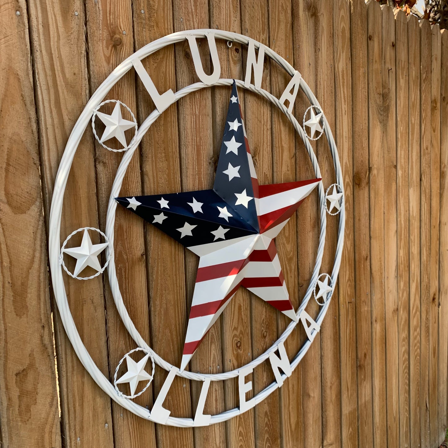 LUNA STYLE CUSTOM NAME BARN STAR METAL STAR 3d TWISTED ROPE RING WESTERN HOME DECOR USA FLAG STAR RED WHOTE & BLUE WITH WHITE RING HANDMADE 24",32",36",50"