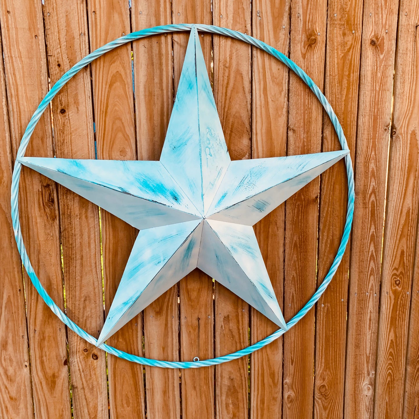 #EH11219 TURQUOISE WHITE DISTRESSED STAR TWO TONE TEXTURE BARN STAR METAL LONESTAR TWISTED ROPE RING WESTERN HOME DECOR HANDMADE NEW