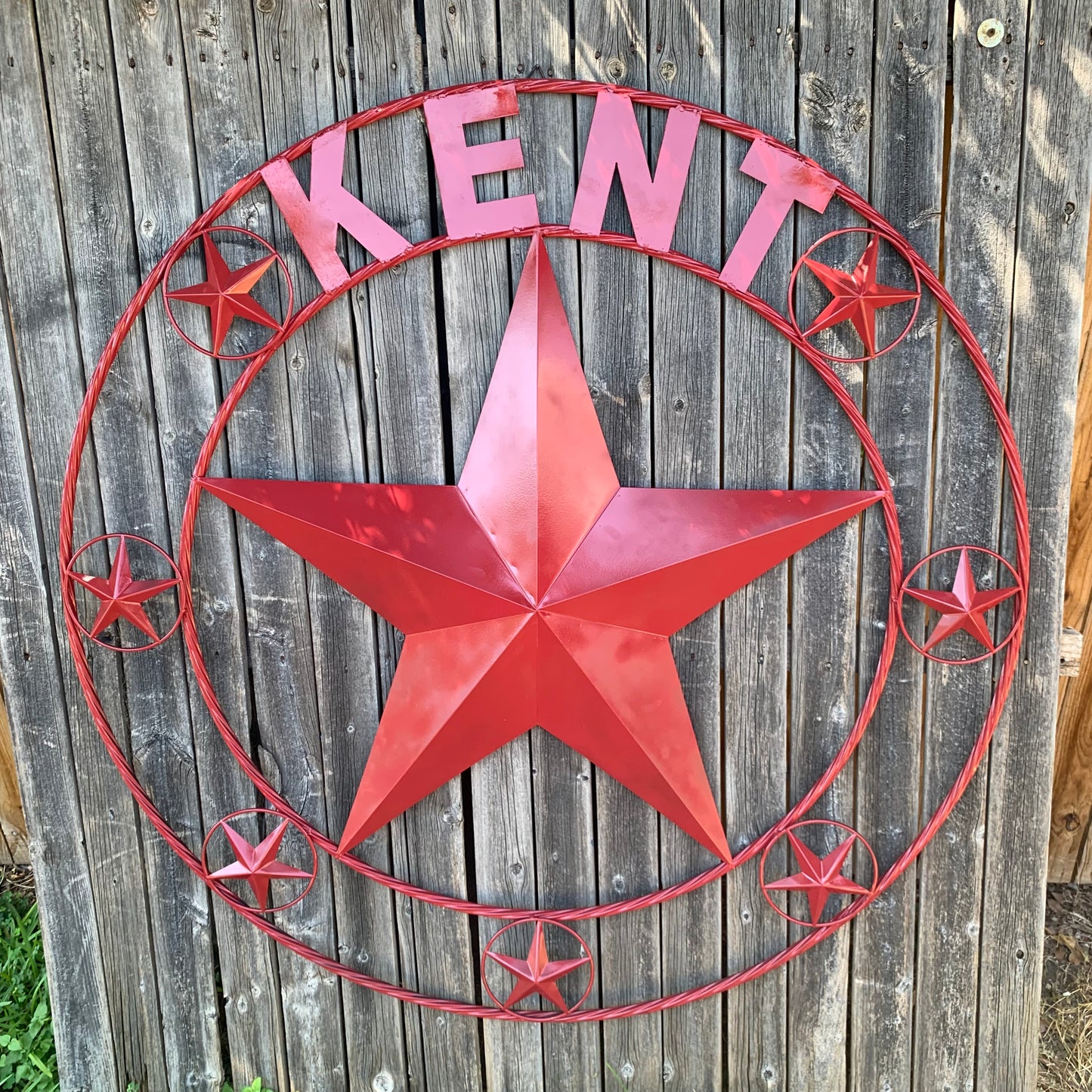 KENT STYLE YOUR CUSTOM STAR METAL NAME RUSTIC BURGUNDY RED CUSTOM 3d STAR METAL NAME BARN STAR TWISTED ROPE RING DESIGN METAL WALL ART HOME DECOR ANY SIZE