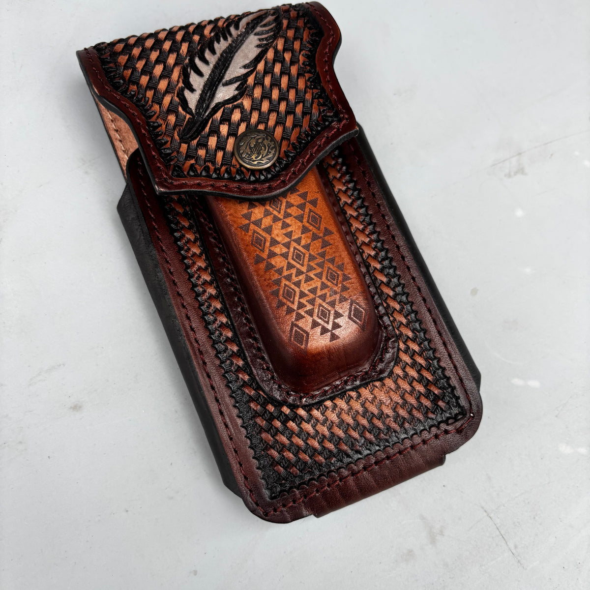 LEAF LEATHER HOLSTER 7" PHONE POUCH WITH KNIFE HOLDER FRONT EXTRA LARGE  BELT LOOP CELL PHONE CASE UNIVERSAL OVERSIZE MEXICO MADE #EH13863