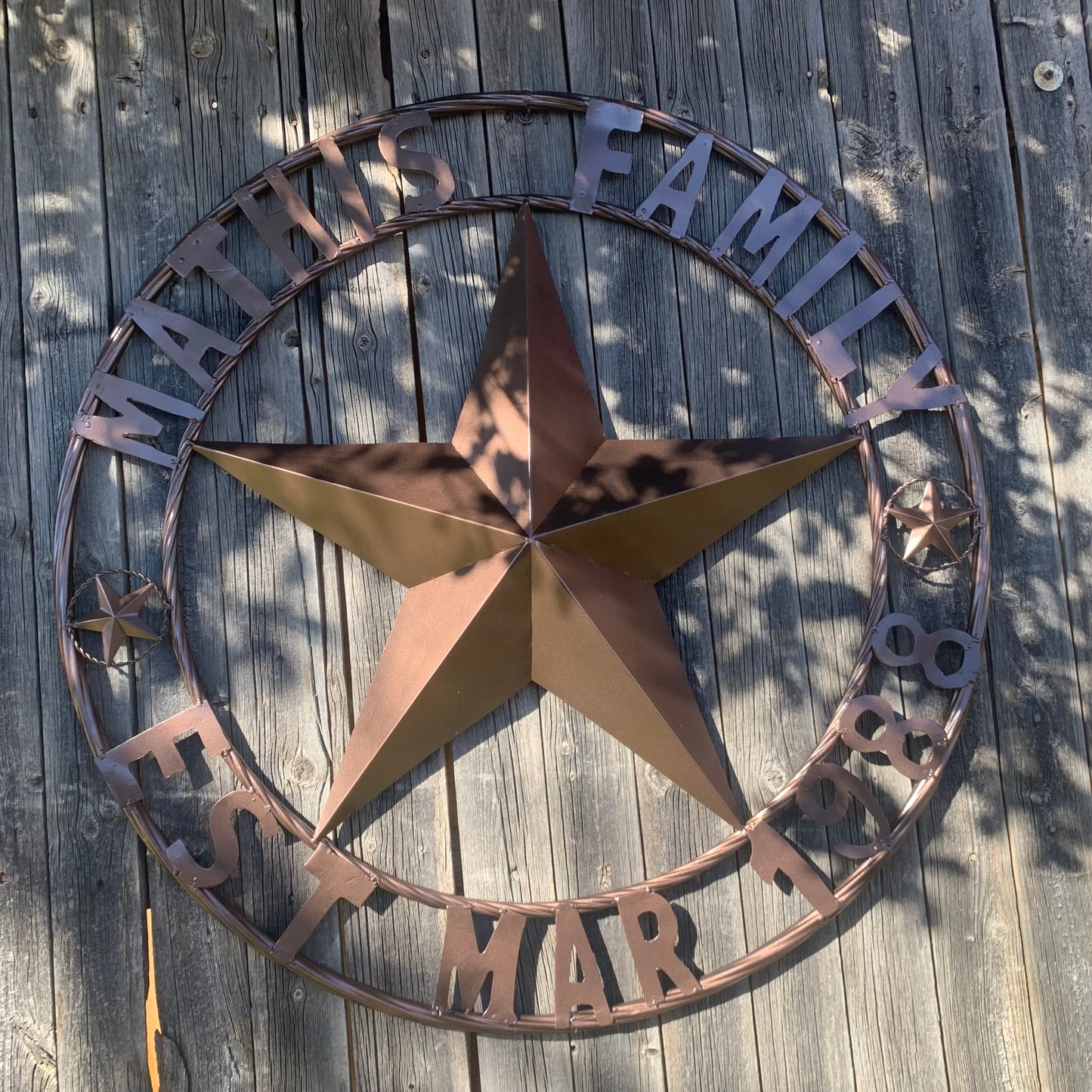 MATHIS STYLE CUSTOM NAME STAR BARN STAR 3d METAL LONESTAR TWISTED ROPE RING WESTERN HOME DECOR RUSTIC BRONZE COPPER HANDMADE 24",32",36",50"