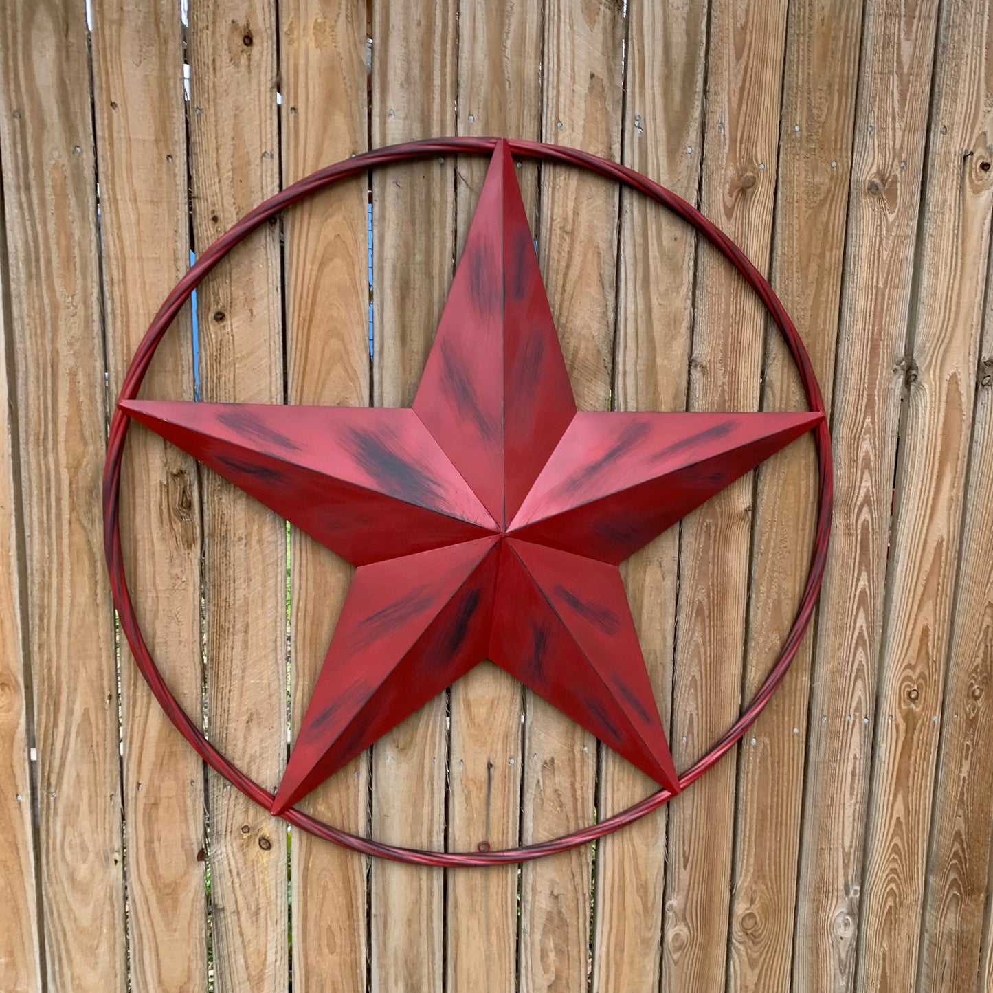 RED DISTRESSED STAR TWO TONE TEXTURE BARN STAR METAL LONESTAR TWISTED ROPE RING WESTERN HOME DECOR HANDMADE NEW #EH12958