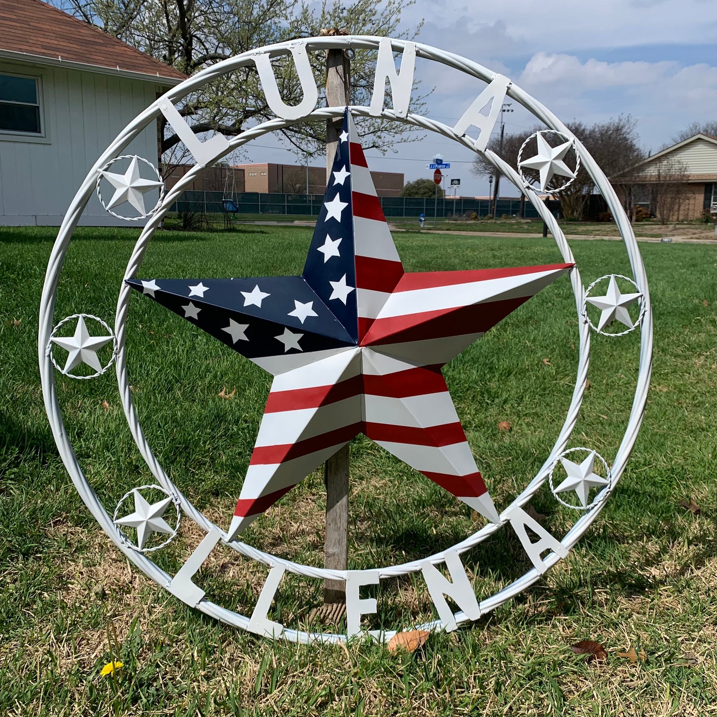 LUNA STYLE CUSTOM NAME BARN STAR METAL STAR 3d TWISTED ROPE RING WESTERN HOME DECOR USA FLAG STAR RED WHOTE & BLUE WITH WHITE RING HANDMADE 24",32",36",50"