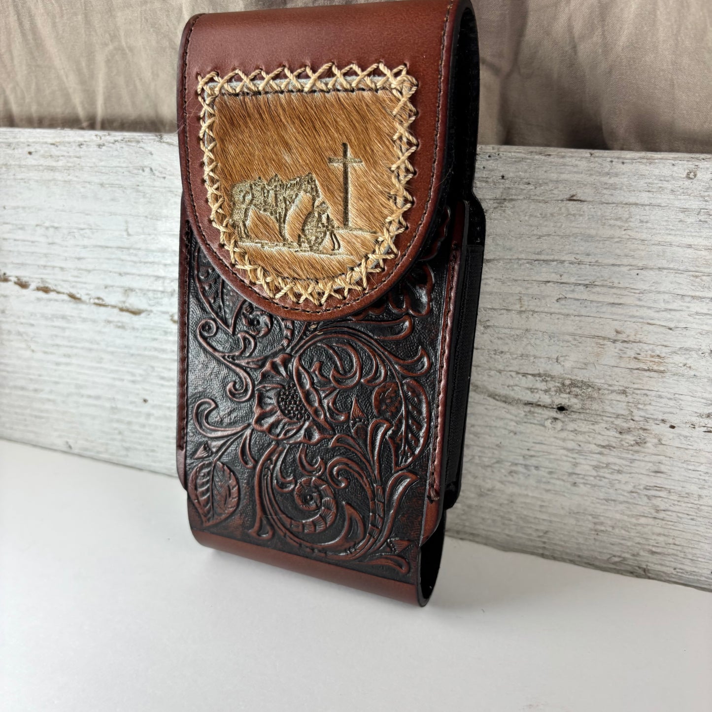 7" COWBOY PRAYER  LEATHER HOLSTER BROWN POUCH EXTRA LARGE  BELT LOOP CELL PHONE CASE UNIVERSAL OVERSIZE #EH13322