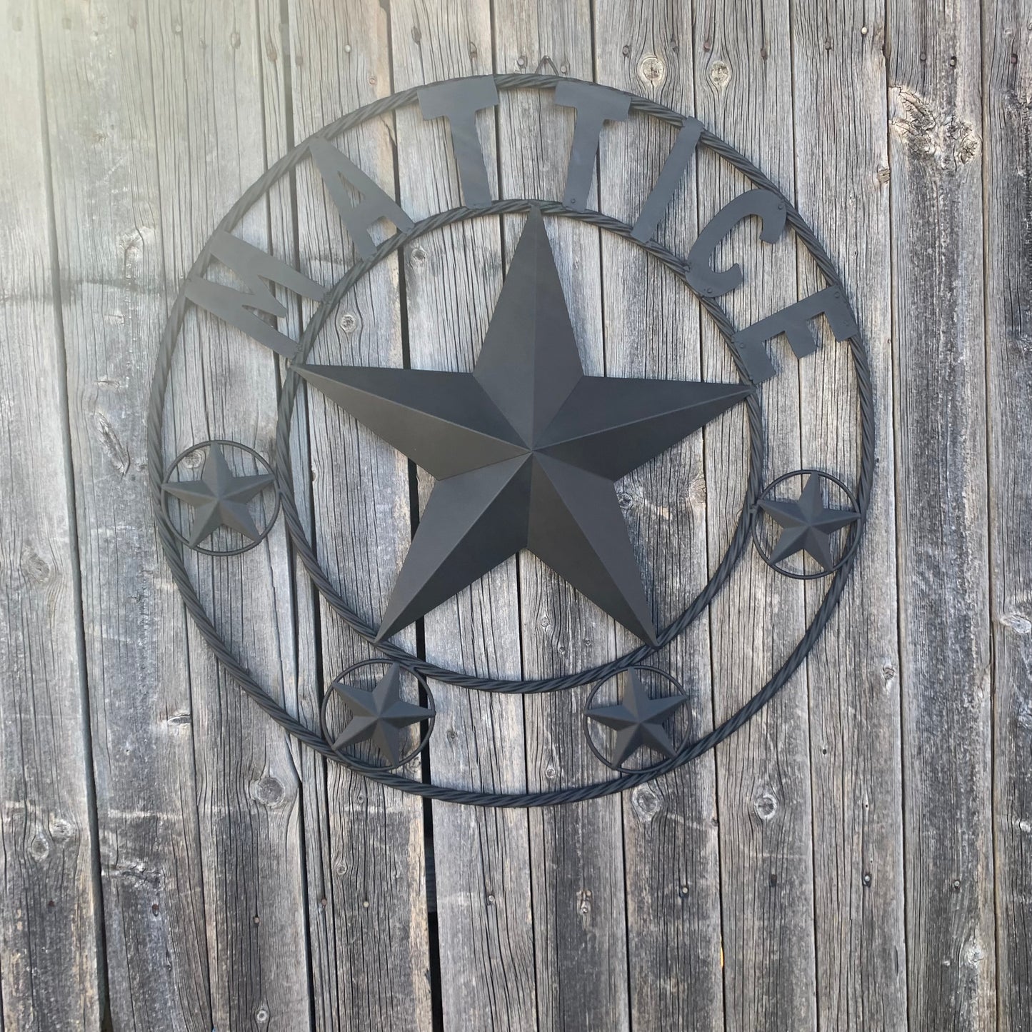 MATTICE STYLE BLACK STAR YOUR CUSTOM NAME BARN METAL STAR 3d TWISTED ROPE RING WESTERN HOME DECOR HANDMADE 24",32",36",50"