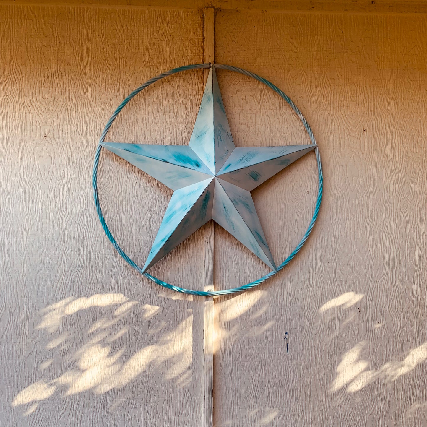 #EH11219 TURQUOISE WHITE DISTRESSED STAR TWO TONE TEXTURE BARN STAR METAL LONESTAR TWISTED ROPE RING WESTERN HOME DECOR HANDMADE NEW