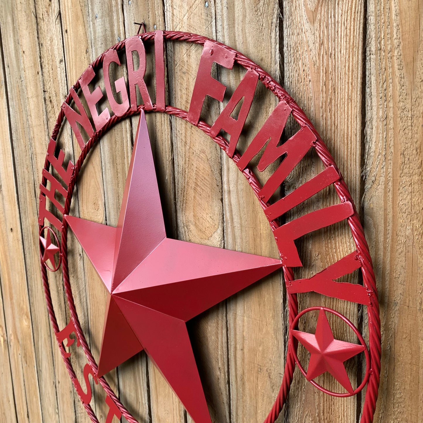 NEGRI FAMILY STYLE YOUR CUSTOM NAME STAR BARN STAR METAL LONE STAR WESTERN HOME DECOR RUSTIC BURGUNDY RED HANDMADE 24",32",36",50"
