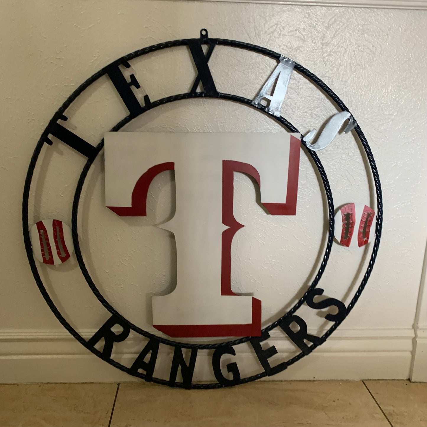TEXAS RANGERS CUSTOM METAL VINTAGE CRAFT TEAM SIGN WHITE & RED & NAVY BLUE RING HANDMADE