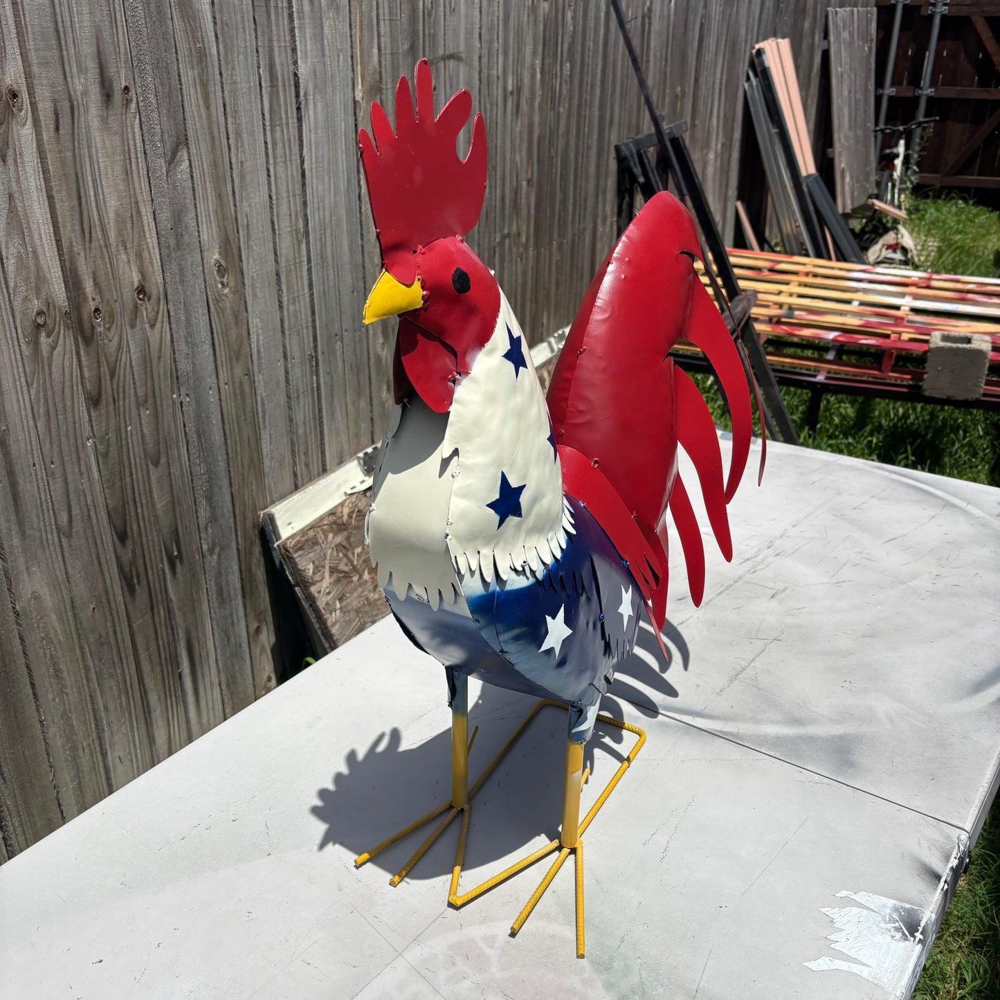 USA FLAG ROOSTER AMERICAN RED WHITE BLUE PATRIOTIC GARDEN METAL SCULPTURE WESTERN HOME DECOR ORNAMENT HANDMADE #34-003