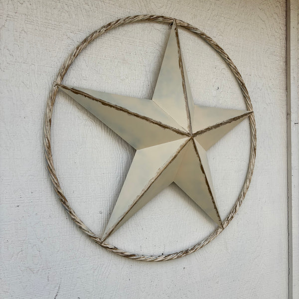 DISTRESSED IVORY WHITE ANTIQUE STAR TWIST ROPE RING METAL WALL ART WESTERN HOME DECOR HANDMADE #EH13132
