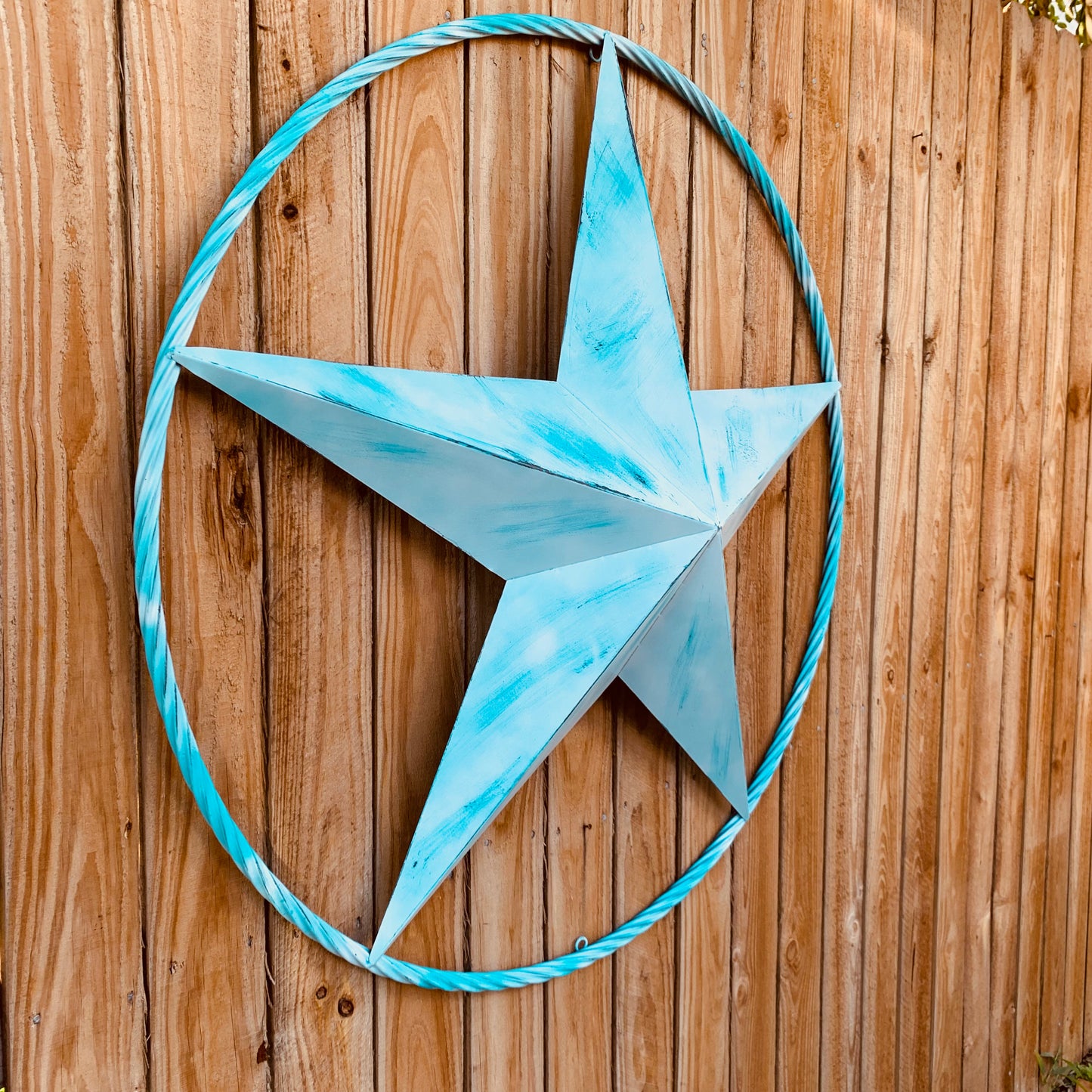 #EH11219 TURQUOISE WHITE DISTRESSED STAR TWO TONE TEXTURE BARN STAR METAL LONESTAR TWISTED ROPE RING WESTERN HOME DECOR HANDMADE NEW