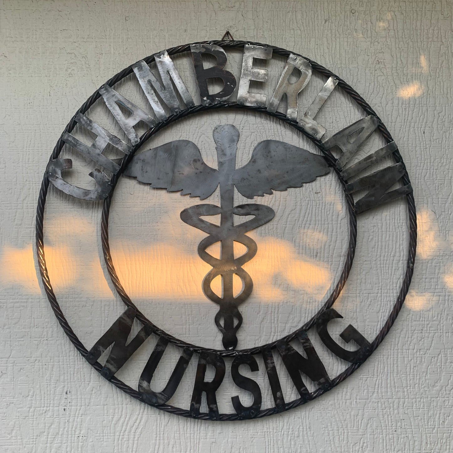 CUSTOM NAME CHAMBERLAIN NURSING STYLE TWISTIED RING BARN RUSTIC BRONZE METAL SIGN WESTERN HOME DECOR HANDMADE 24",32",36"