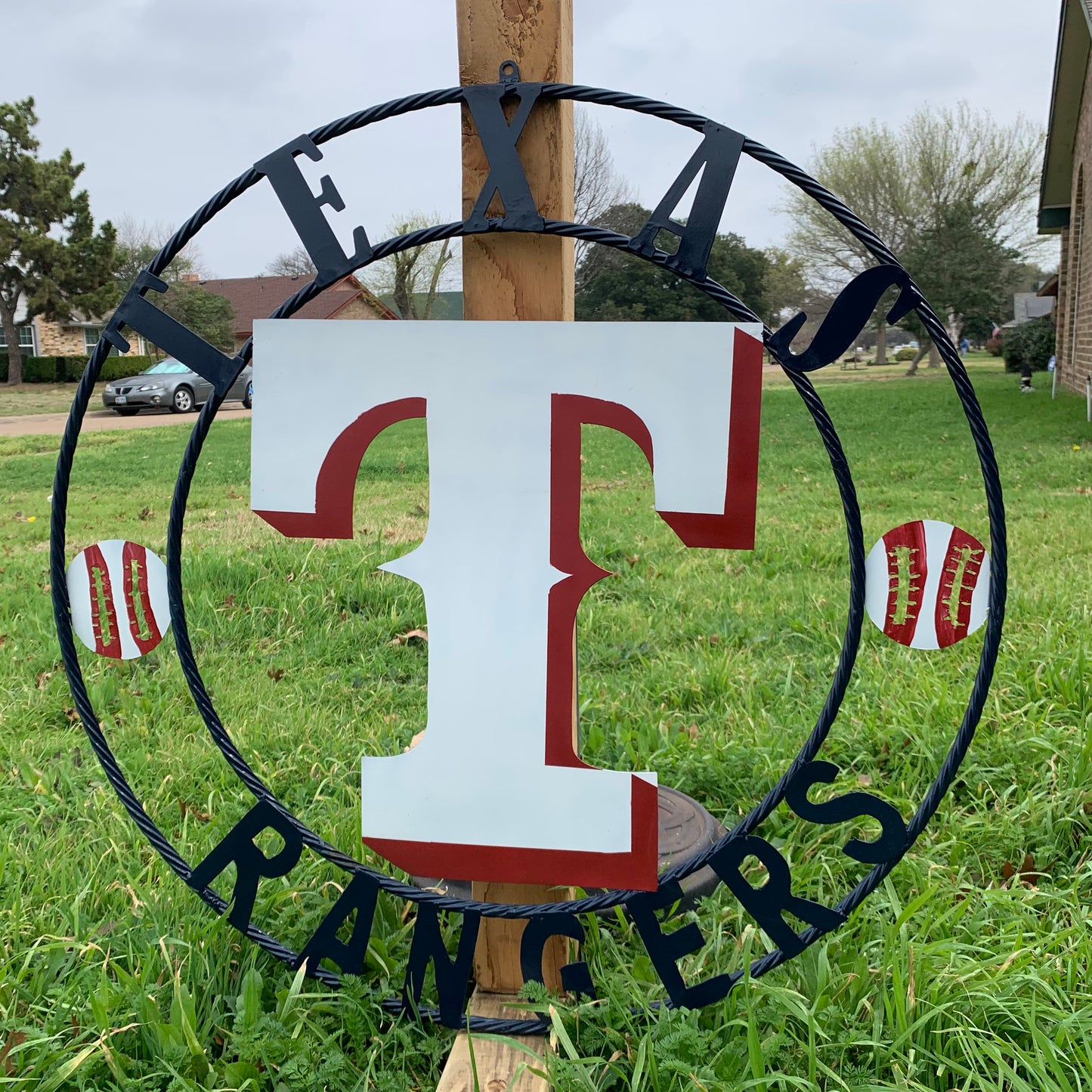TEXAS RANGERS CUSTOM METAL VINTAGE CRAFT TEAM SIGN WHITE & RED & NAVY BLUE RING HANDMADE
