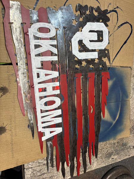 OU OKLAHOMA SOONERS METAL TATTERED FLAG CUSTOM VINTAGE CRAFT WALL ART