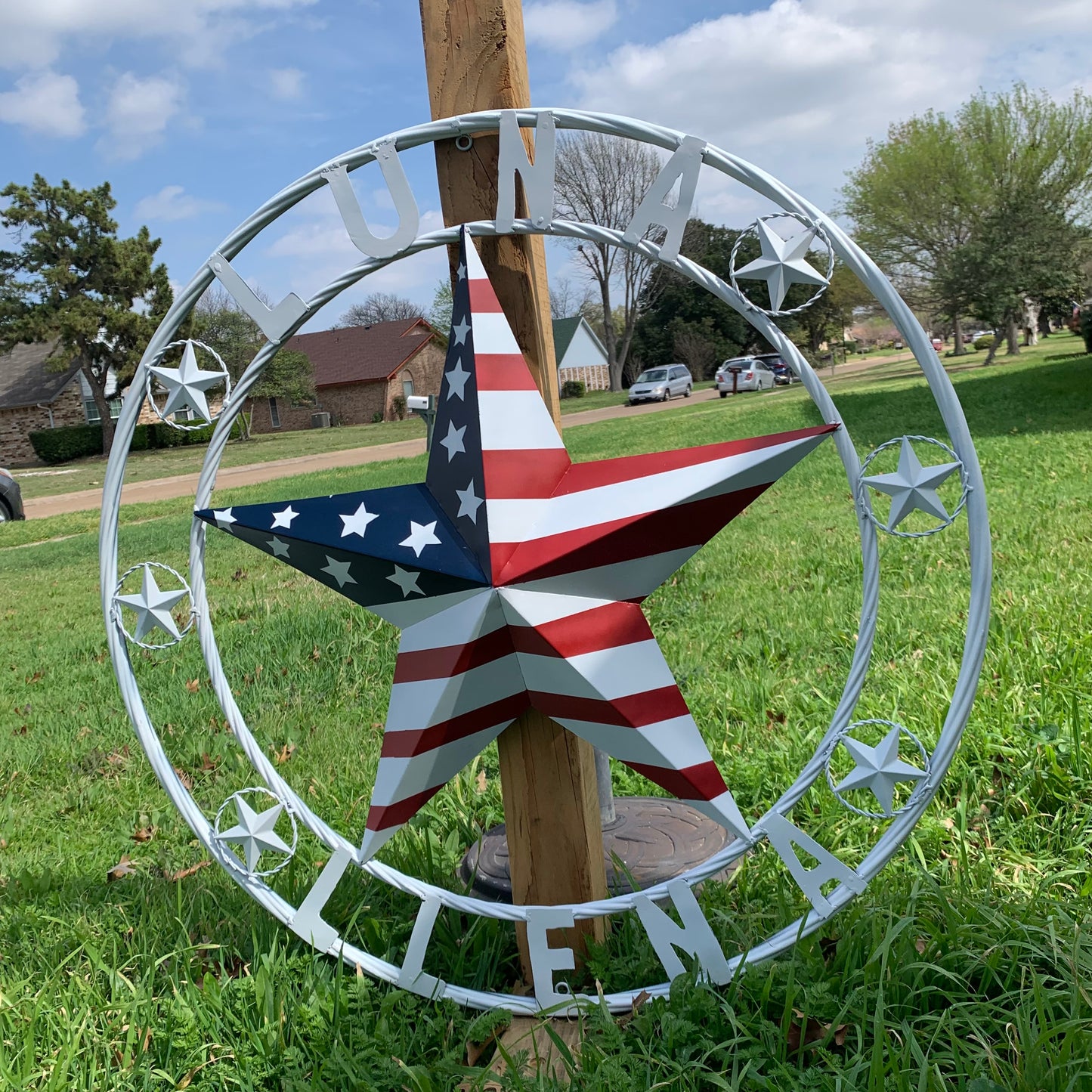 LUNA STYLE CUSTOM NAME BARN STAR METAL STAR 3d TWISTED ROPE RING WESTERN HOME DECOR USA FLAG STAR RED WHOTE & BLUE WITH WHITE RING HANDMADE 24",32",36",50"