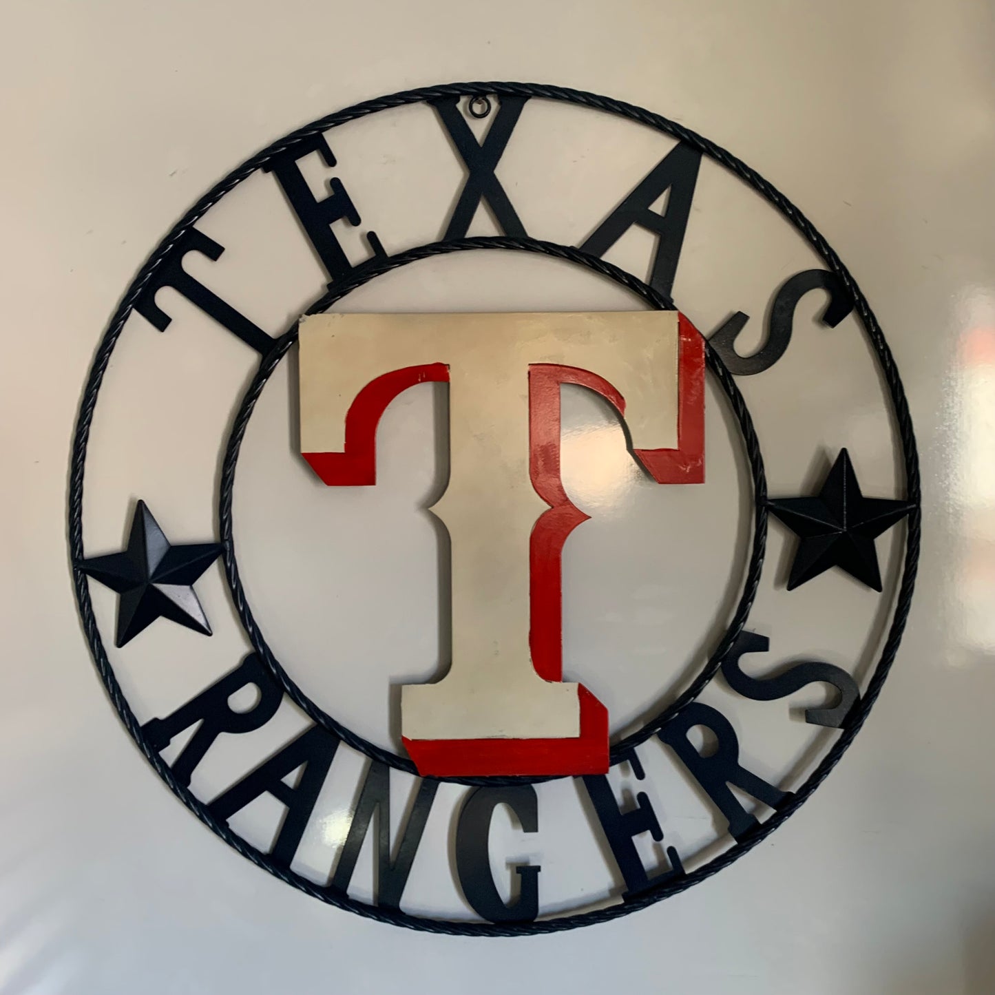 12", 18", 24", 32" TEXAS RANGERS BARN CUSTOM METAL VINTAGE CRAFT SIGN TEAM  WHITE & RED & NAVY BLUE RING & STAR HANDMADE