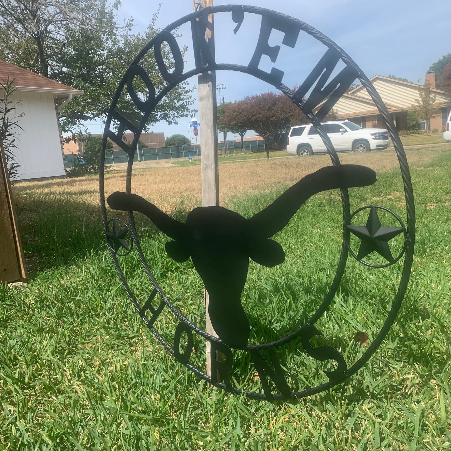 HOOKEM HORNS WITH LONE STAR TEXAS LONGHORNS HOOK EM BLACK METAL CUSTOM VINTAGE CRAFT WALL ART TEAM SIGN HANDMADE