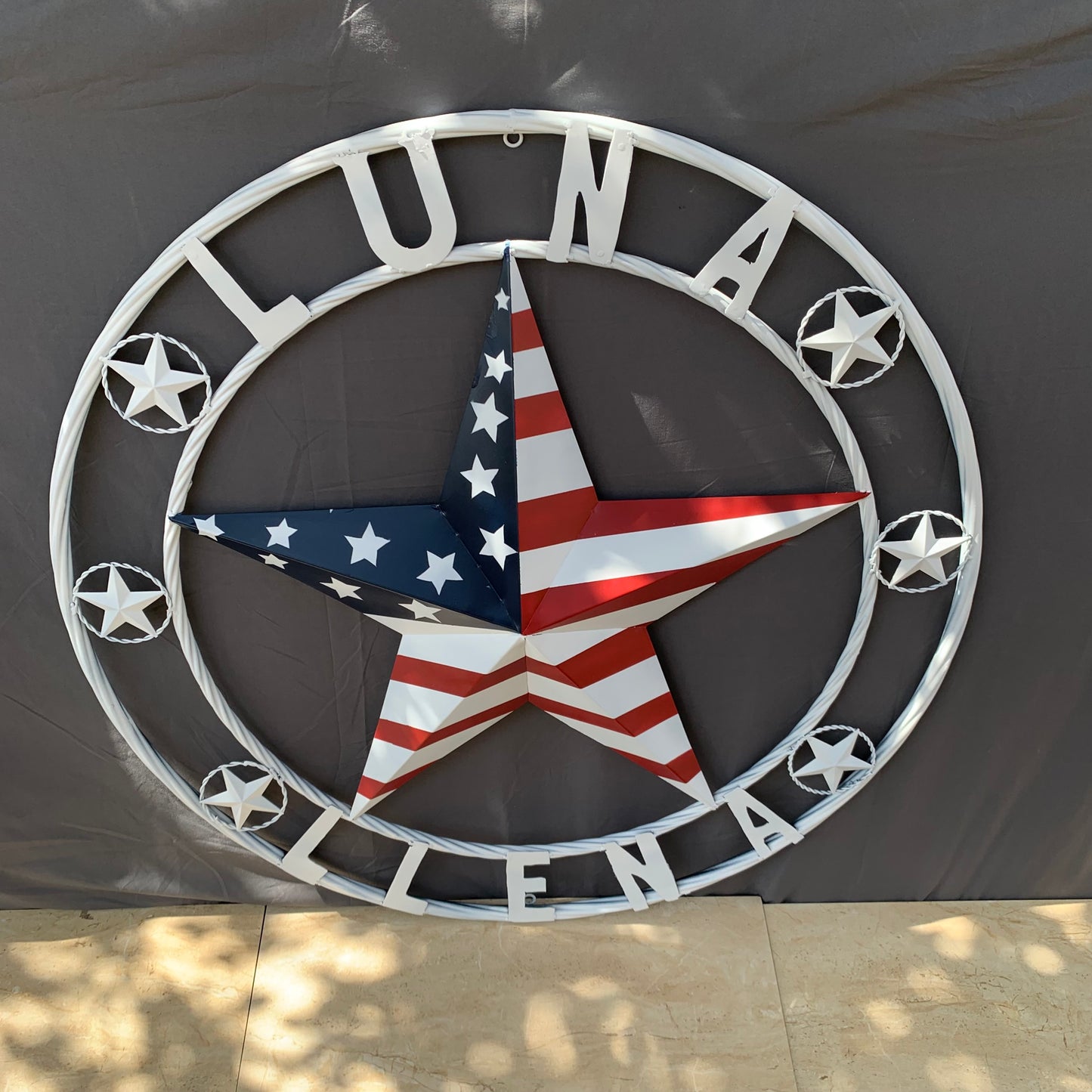 LUNA STYLE CUSTOM NAME BARN STAR METAL STAR 3d TWISTED ROPE RING WESTERN HOME DECOR USA FLAG STAR RED WHOTE & BLUE WITH WHITE RING HANDMADE 24",32",36",50"