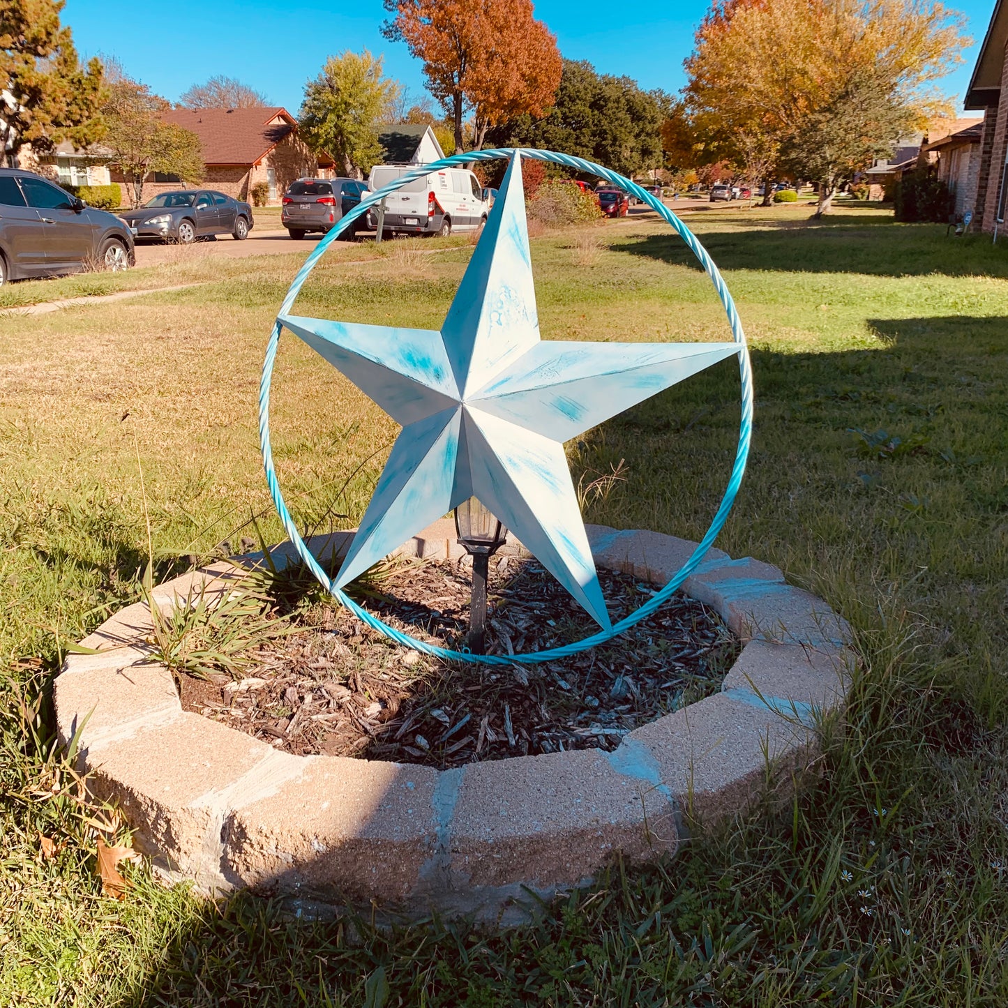 #EH11219 TURQUOISE WHITE DISTRESSED STAR TWO TONE TEXTURE BARN STAR METAL LONESTAR TWISTED ROPE RING WESTERN HOME DECOR HANDMADE NEW