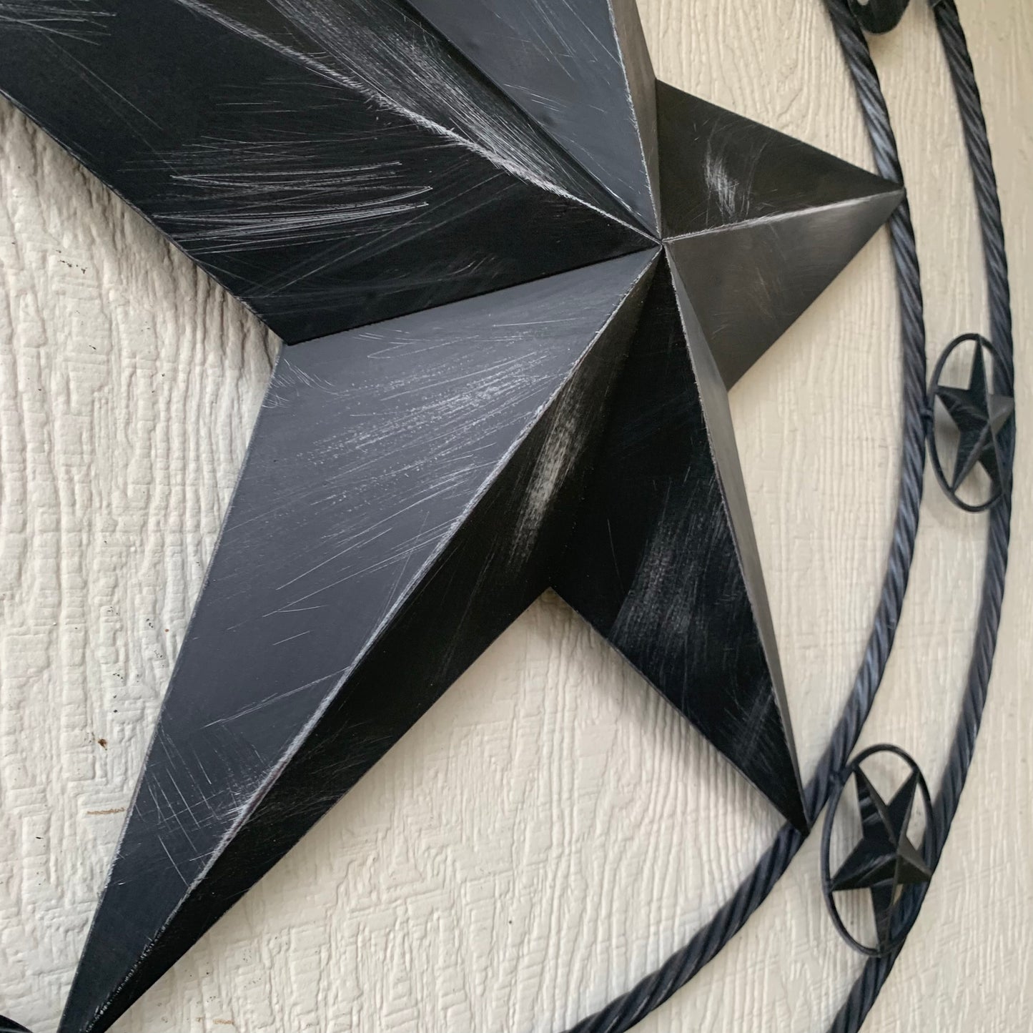 TEXAS BLACK DISTRESSED STAR TWO TONE TEXTURE BARN STAR METAL LONESTAR TWISTED ROPE RING WESTERN HOME DECOR HANDMADE NEW