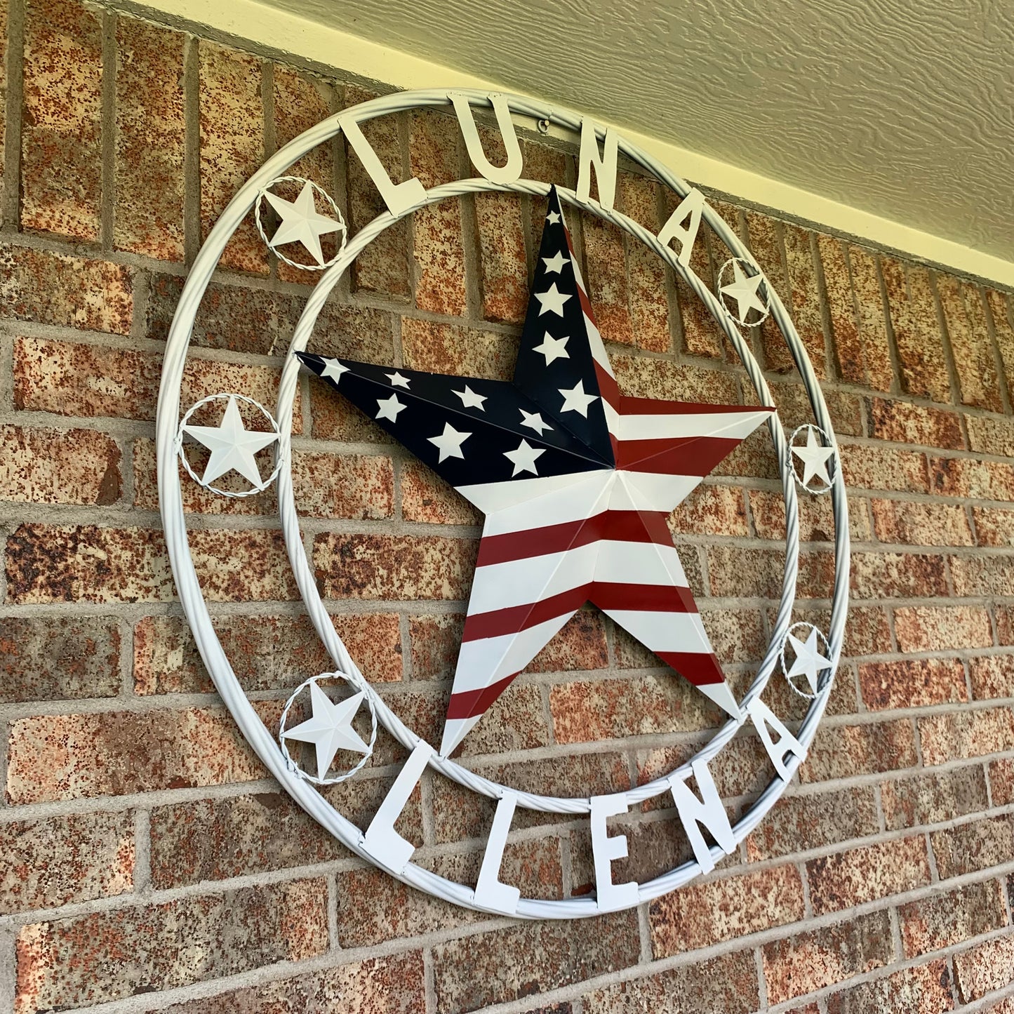 LUNA STYLE CUSTOM NAME BARN STAR METAL STAR 3d TWISTED ROPE RING WESTERN HOME DECOR USA FLAG STAR RED WHOTE & BLUE WITH WHITE RING HANDMADE 24",32",36",50"