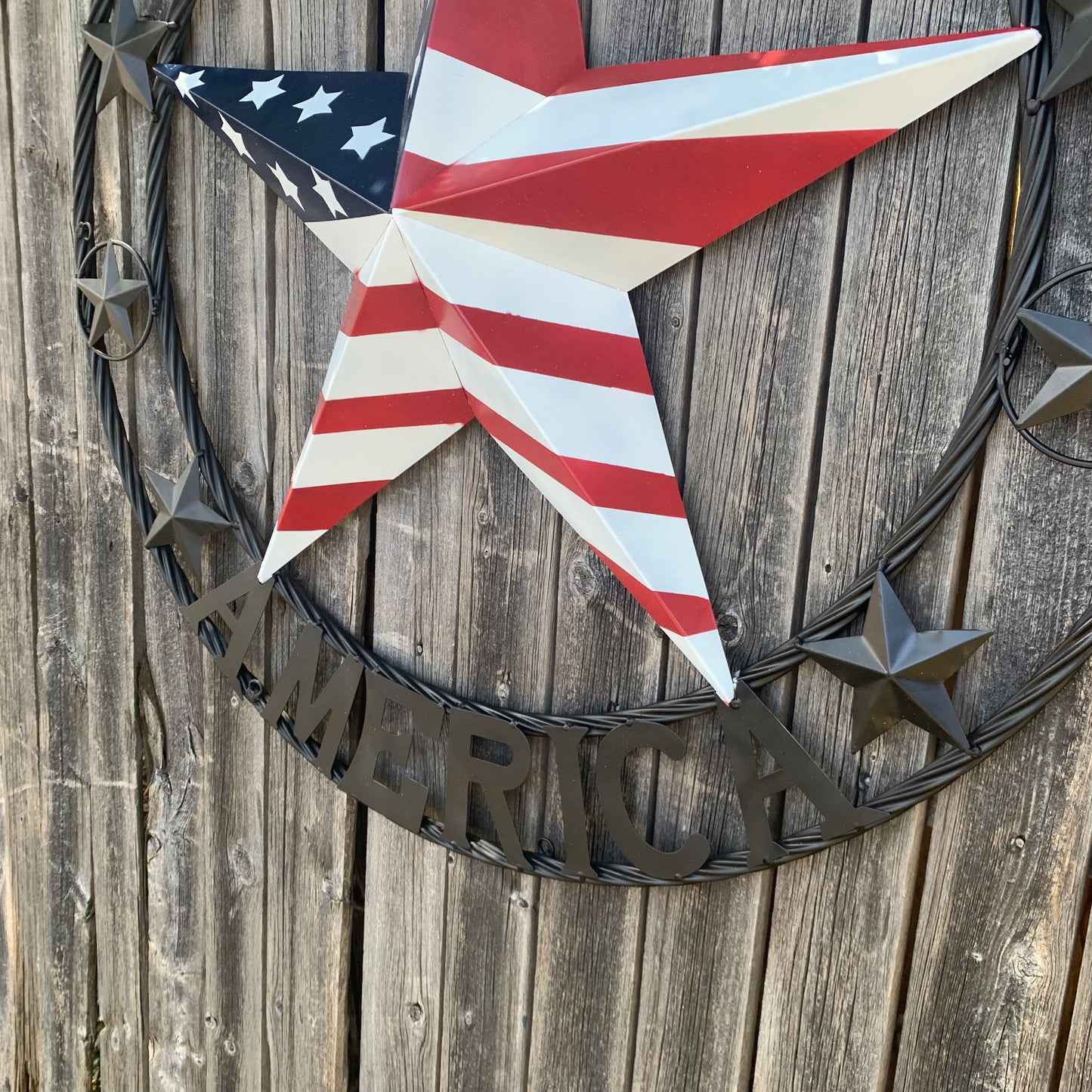 GOD BLESS AMERICA USA FLAG 3d STAR METAL BARN STAR BLACK TWISTED ROPE RING WALL ART WESTERN HOME DECOR RED WHITE & BLUE HANDMADE NEW #EH10490