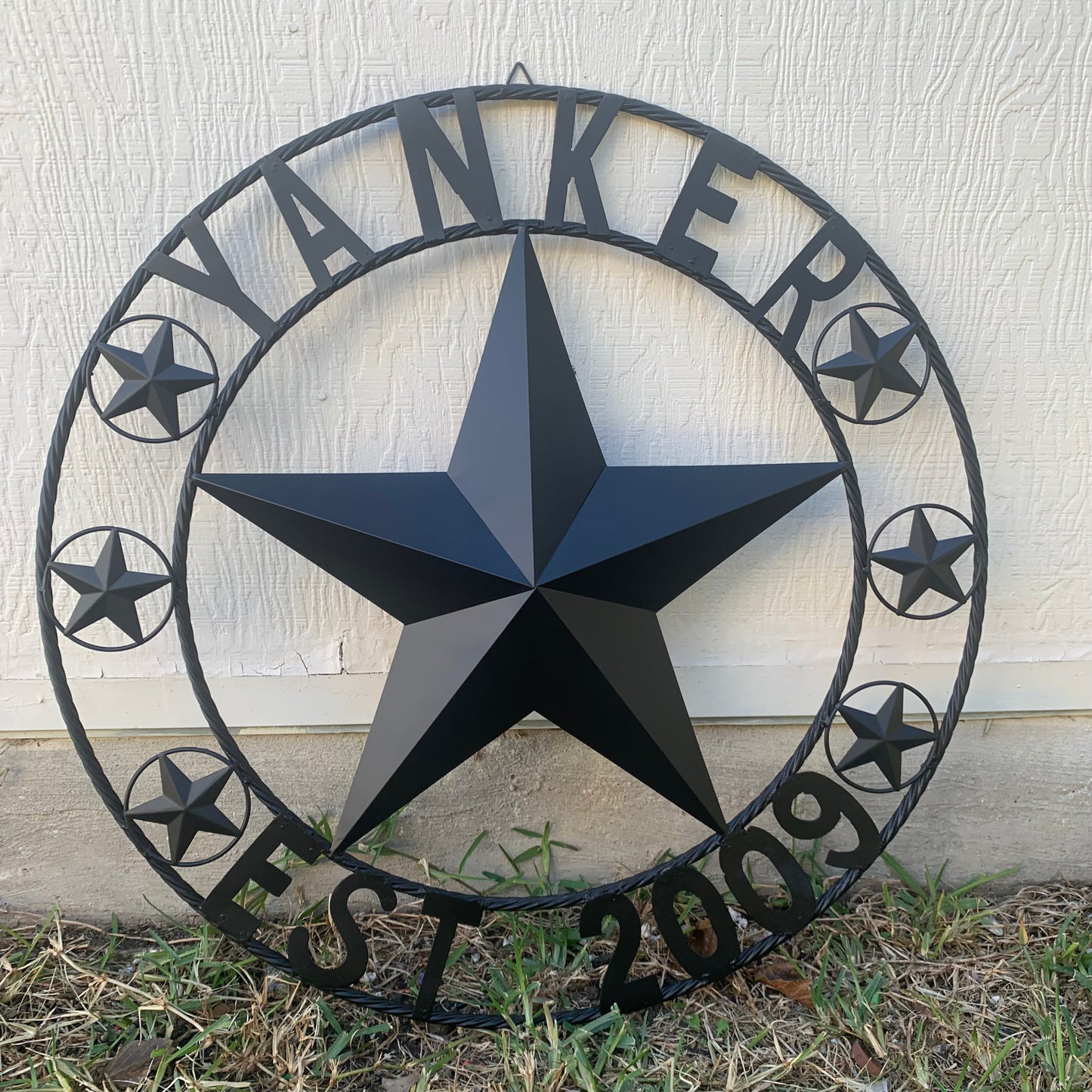 YANKER STYLE CUSTOM NAME STAR BARN METAL STAR 3d TWISTED ROPE RING WESTERN HOME DECOR RUSTIC BLACK HANDMADE 24",32",36",50"