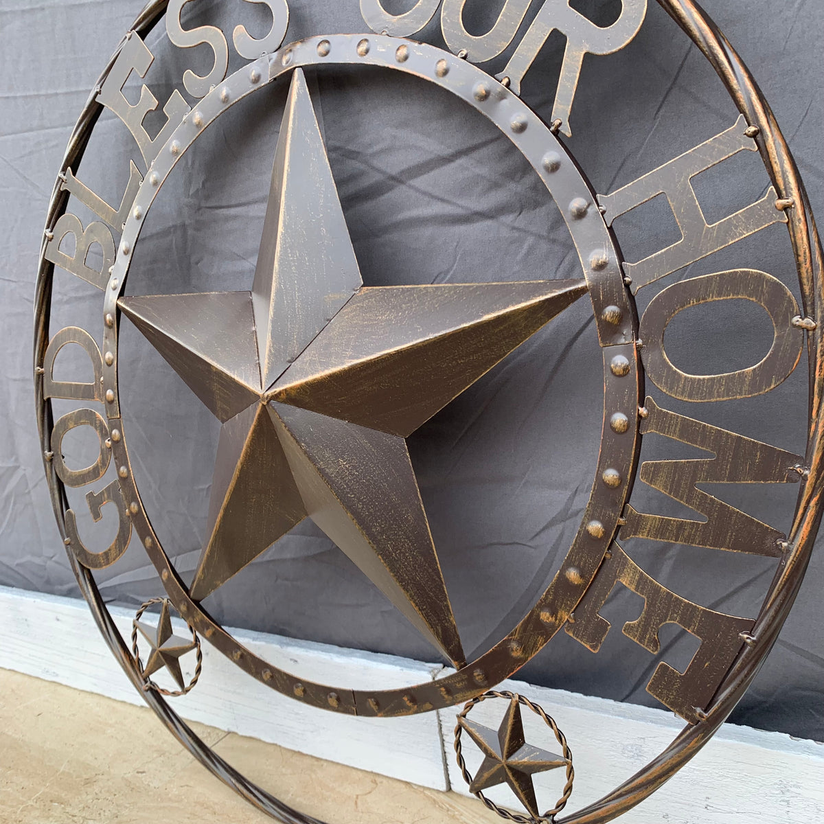 24" GOD BLESS OUR HOME BEADED STAR COLIBROX METAL TWISTED ROPE RING LONE STAR WALL ART WESTERN HOME DECOR RUSTIC DARK BRONZE COPPER HANDMADE NEW