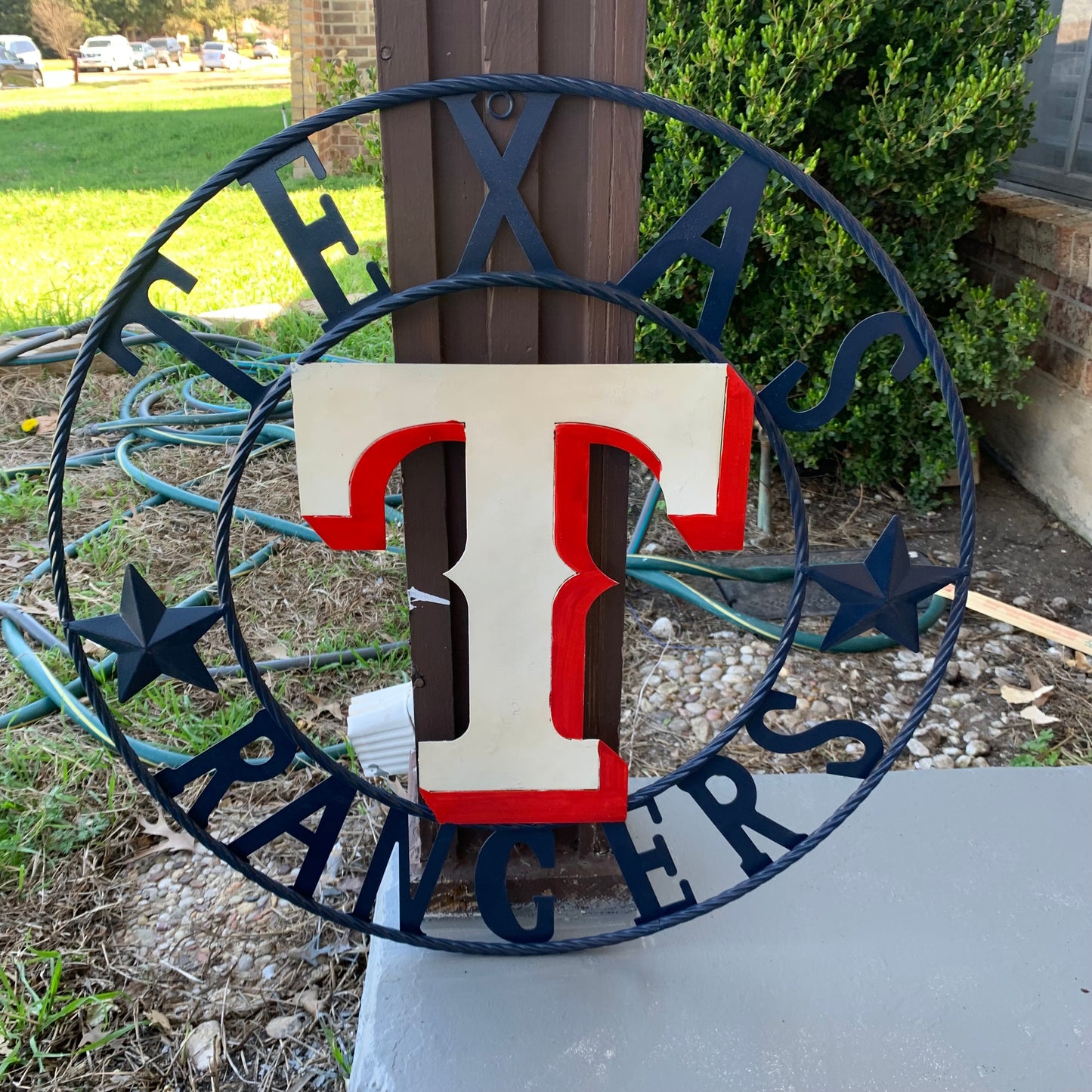 12", 18", 24", 32" TEXAS RANGERS BARN CUSTOM METAL VINTAGE CRAFT SIGN TEAM  WHITE & RED & NAVY BLUE RING & STAR HANDMADE
