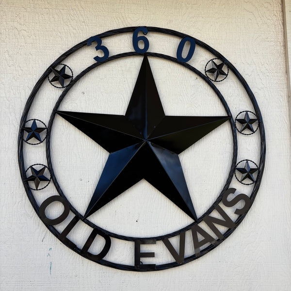 360 OLD EVANS STYLE CUSTOM STAR NAME BARN METAL STAR 3d TWISTED ROPE RING WESTERN HOME DECOR RUSTIC BLACK HANDMADE 24",32",36",50"