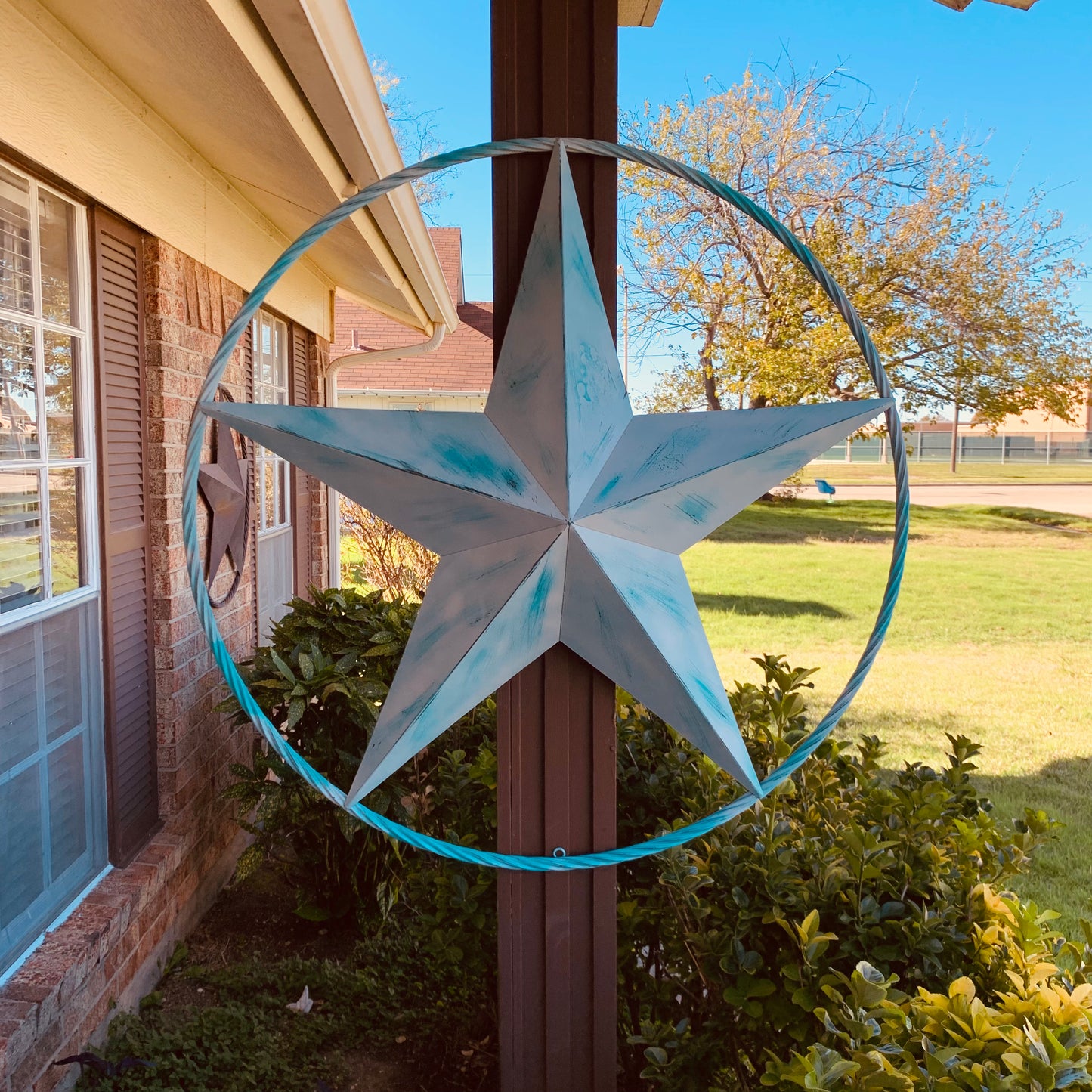 #EH11219 TURQUOISE WHITE DISTRESSED STAR TWO TONE TEXTURE BARN STAR METAL LONESTAR TWISTED ROPE RING WESTERN HOME DECOR HANDMADE NEW