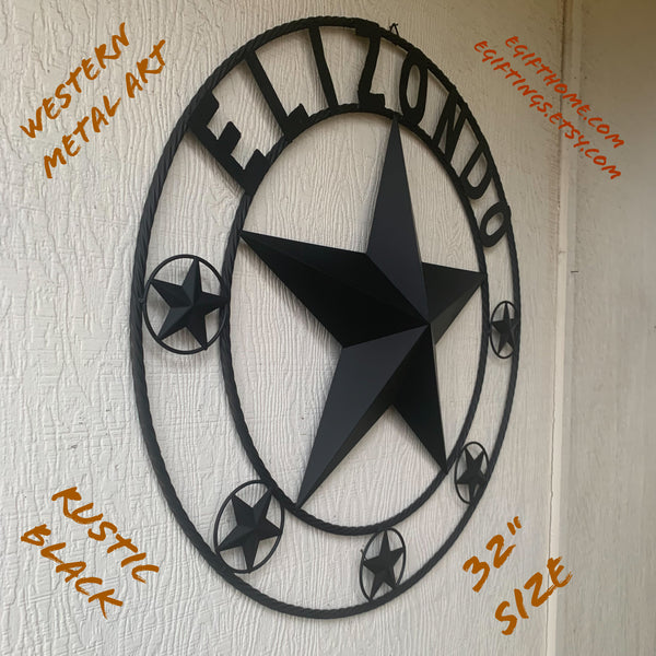 ELIZONDO STYLE CUSTOM NAME STAR BARN METAL STAR 3d TWISTED ROPE RING WESTERN HOME DECOR RUSTIC BLACK HANDMADE 24",32",36",50"