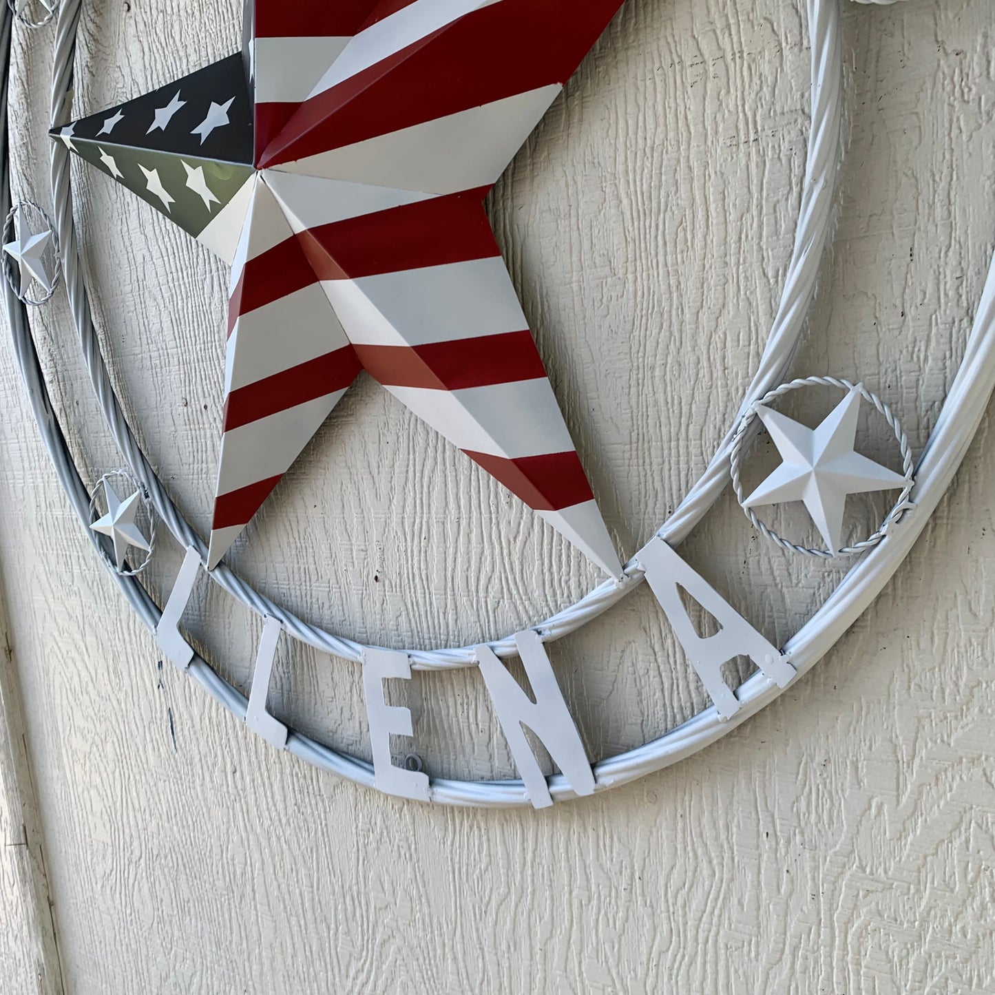 LUNA STYLE CUSTOM NAME BARN STAR METAL STAR 3d TWISTED ROPE RING WESTERN HOME DECOR USA FLAG STAR RED WHOTE & BLUE WITH WHITE RING HANDMADE 24",32",36",50"